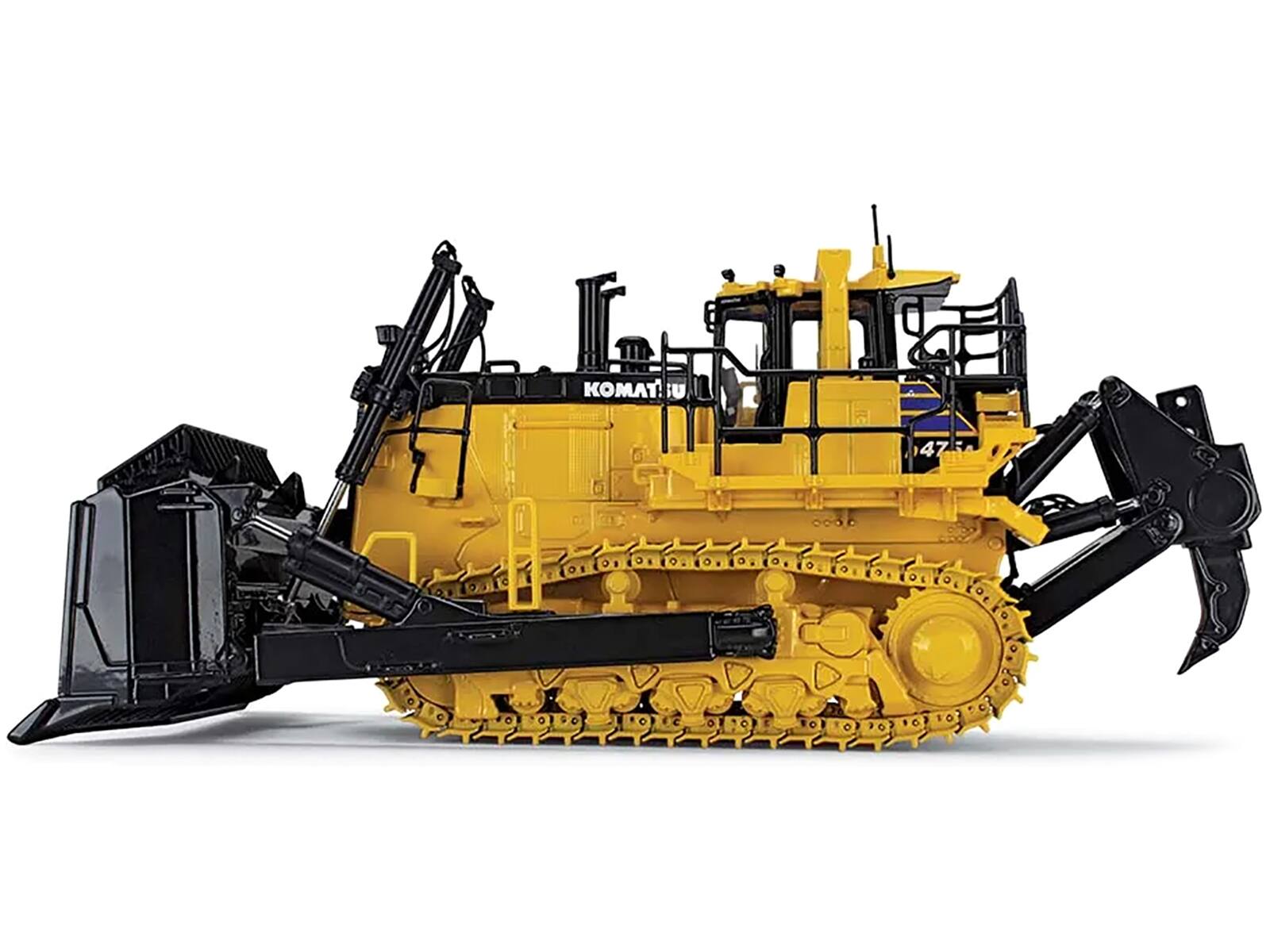 Left. First Gear - Komatsu D475A-8 Dozer with Ripper Yellow 1/50 Diecast Model by First Gear - Yellow .