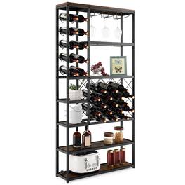Costway - Industrial Wine Rack Multi-purpose Freestanding Bakers Rack with Glass Holder - Rustic Brown,Black