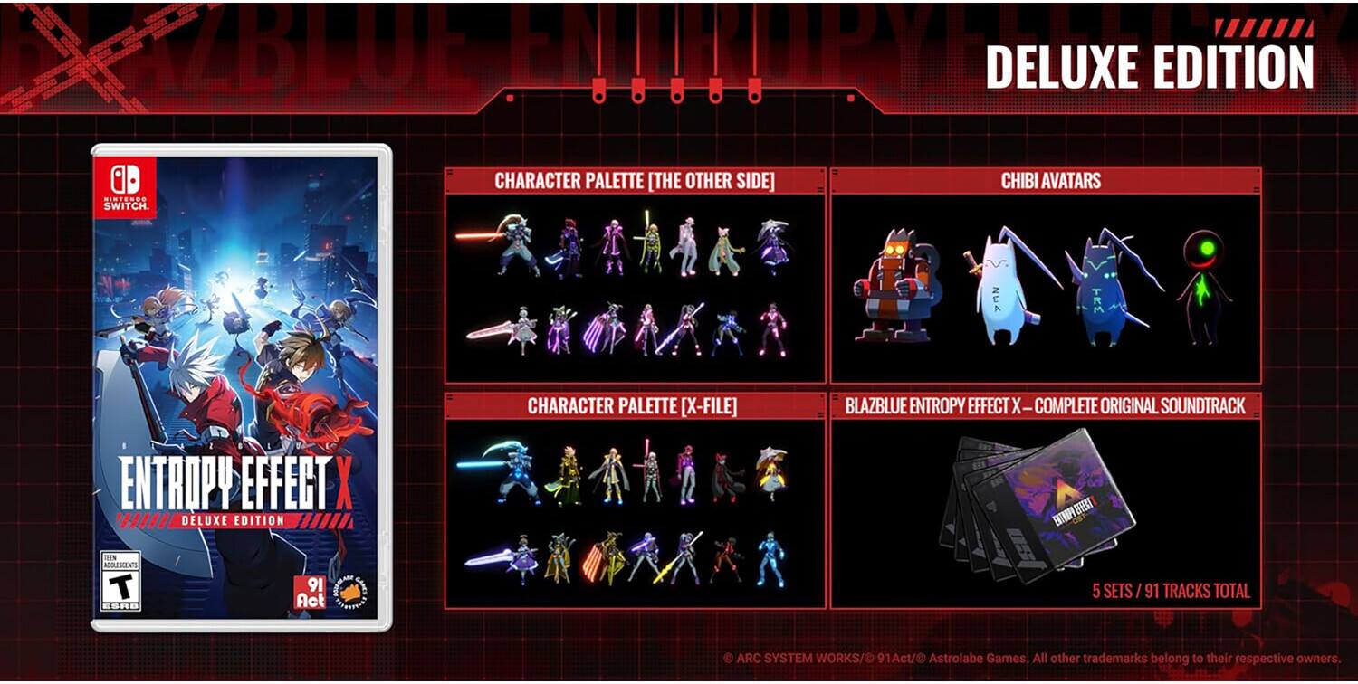 A BLUE DELUXE EDITION CINTERPO SWITCH. CHARACTER PALETTE [THE OTHER SIDE] CHIBI AVATARS MN A CHARACTER PALETTE [X-FILE] BLAZBLUE ENTROPY EFFECT X COMPLETE ORIGINAL SOUNDTRACK ENTROPY EFFECT X II DLUXE EDITION ENTUPV HFERT EFHERT TIN rxCELn T ESRB 91 LAMES Act PEPOREEID 5 SETS I 91 TRACKS TOTAL ARC SYSTEM WORKS/ 91Act/ Astrolabe Games. All other trademarks belong to their respective owners.