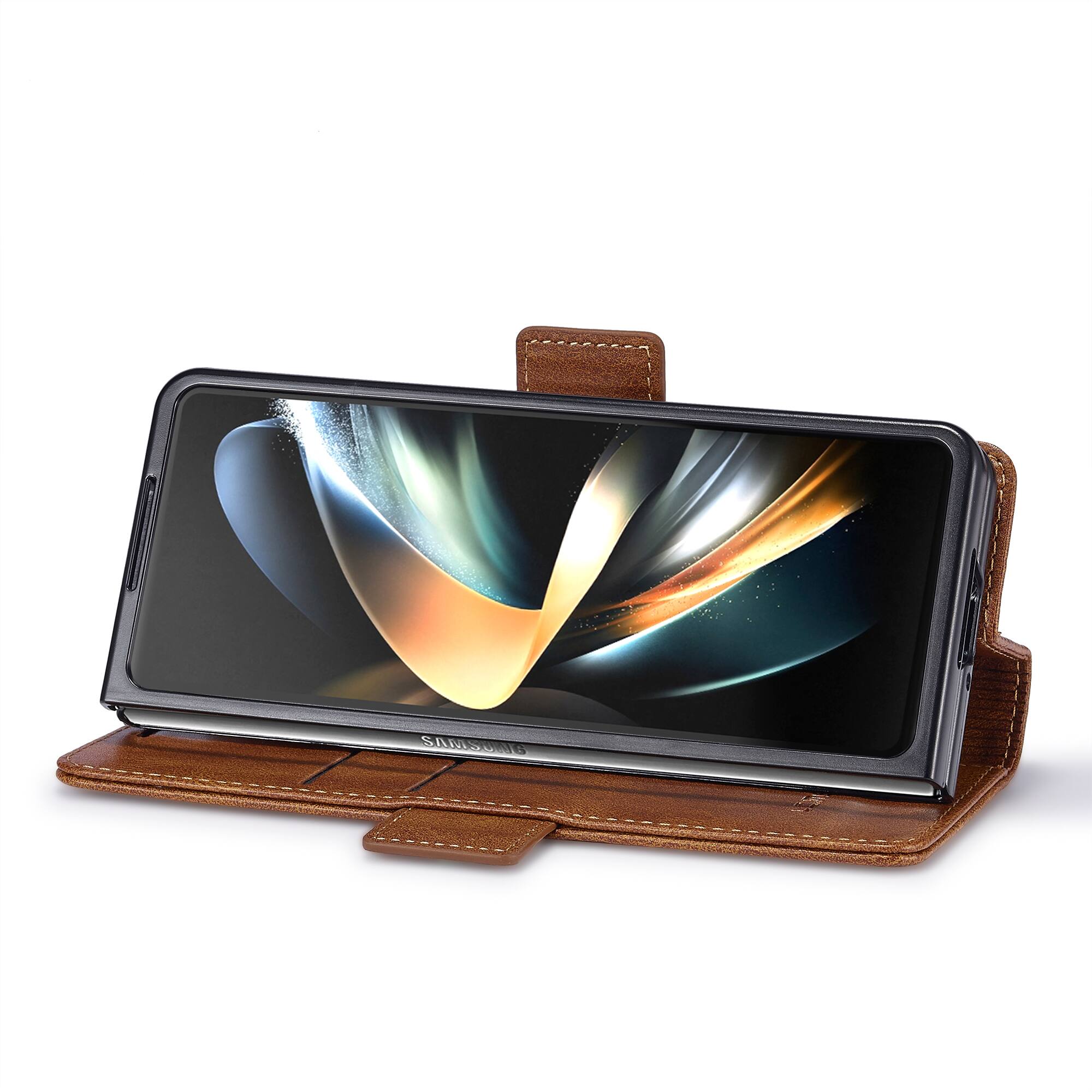 Back. Dteck - Wallet Case for Samsung Galaxy Z Fold 7, Magnetic PU Leather RFID Blocking Card Slots Kickstand Shockproof Cover - Brown.
