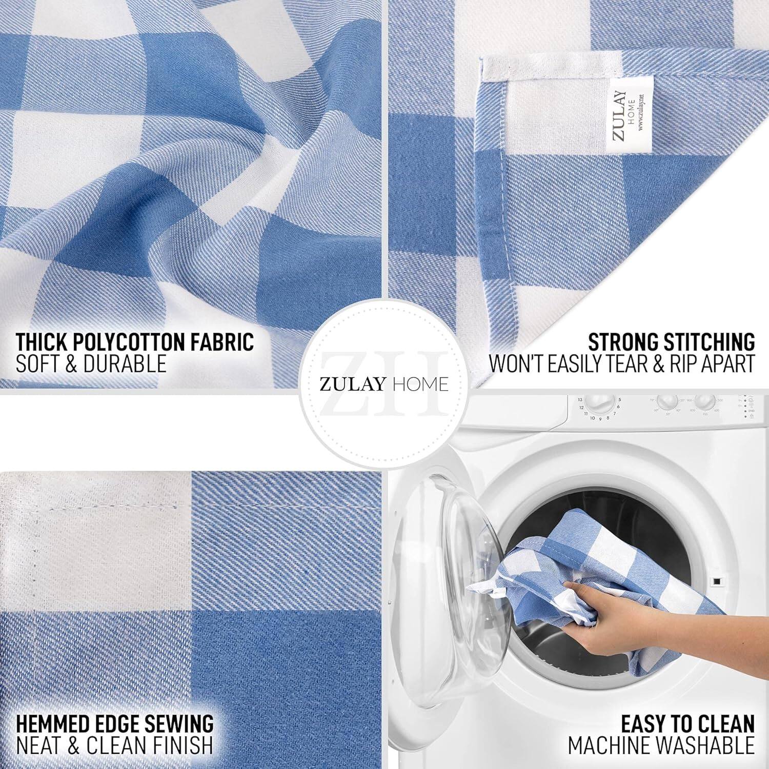 ZULAY HOME  
www.zulay.te  

THICK POLYCOTTON FABRIC  
SOFT & DURABLE  

STRONG STITCHING  
WON'T EASILY TEAR & RIP APART  

HEMMED EDGE SEWING  
NEAT & CLEAN FINISH  

EASY TO CLEAN  
MACHINE WASHABLE