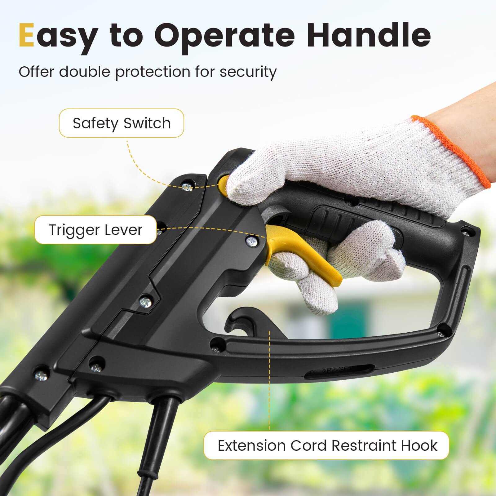 Easy to Operate Handle  
Offer double protection for security  

- Safety Switch  
- Trigger Lever  
- Extension Cord Restraint Hook