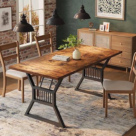 Front. GARVEE - Industrial Farmhouse Dining Table for 6-8, 70.8" Large Wooden Kitchen Table,Dining Room, Living Room, Home Office - Retro+Black Leg.