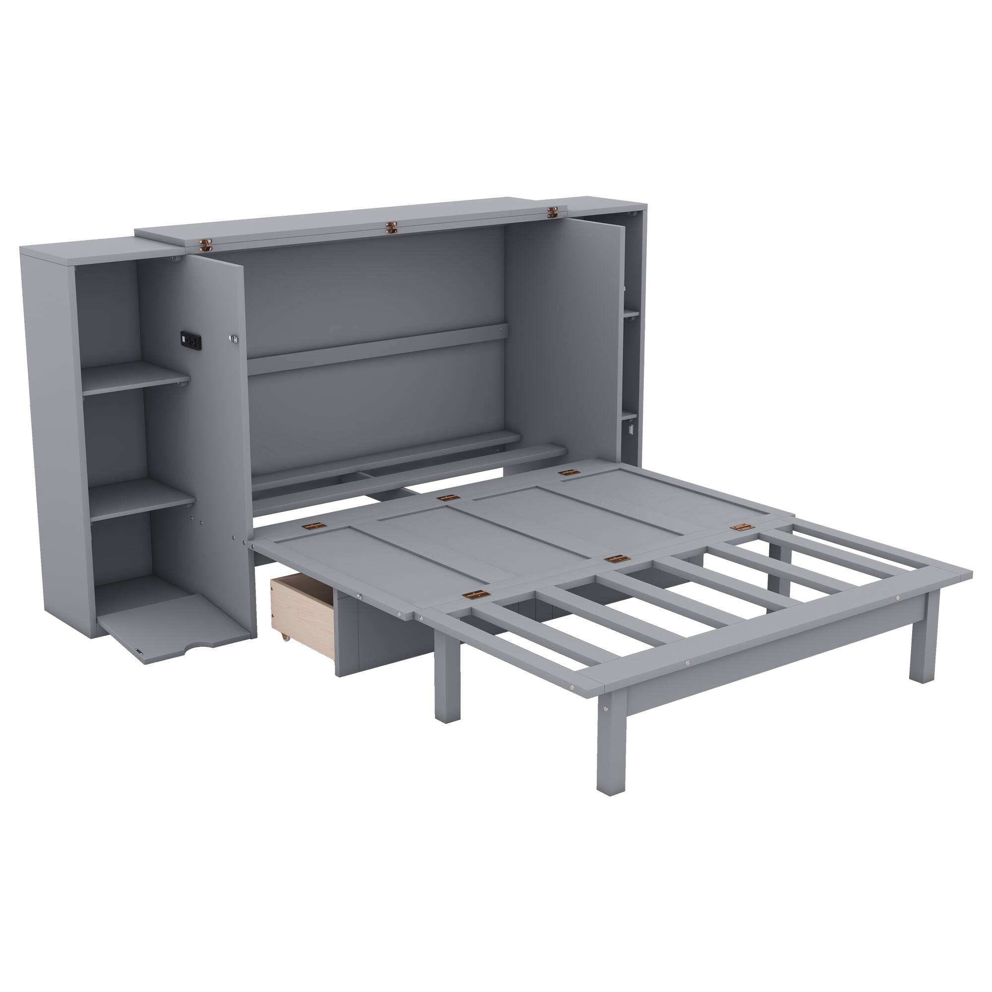 Alt View 2. Tiramisubest - Full Size Gray Murphy Bed with Shelves, Drawers, USB Ports, 93x76x44 inches, Space-saving - Gray.