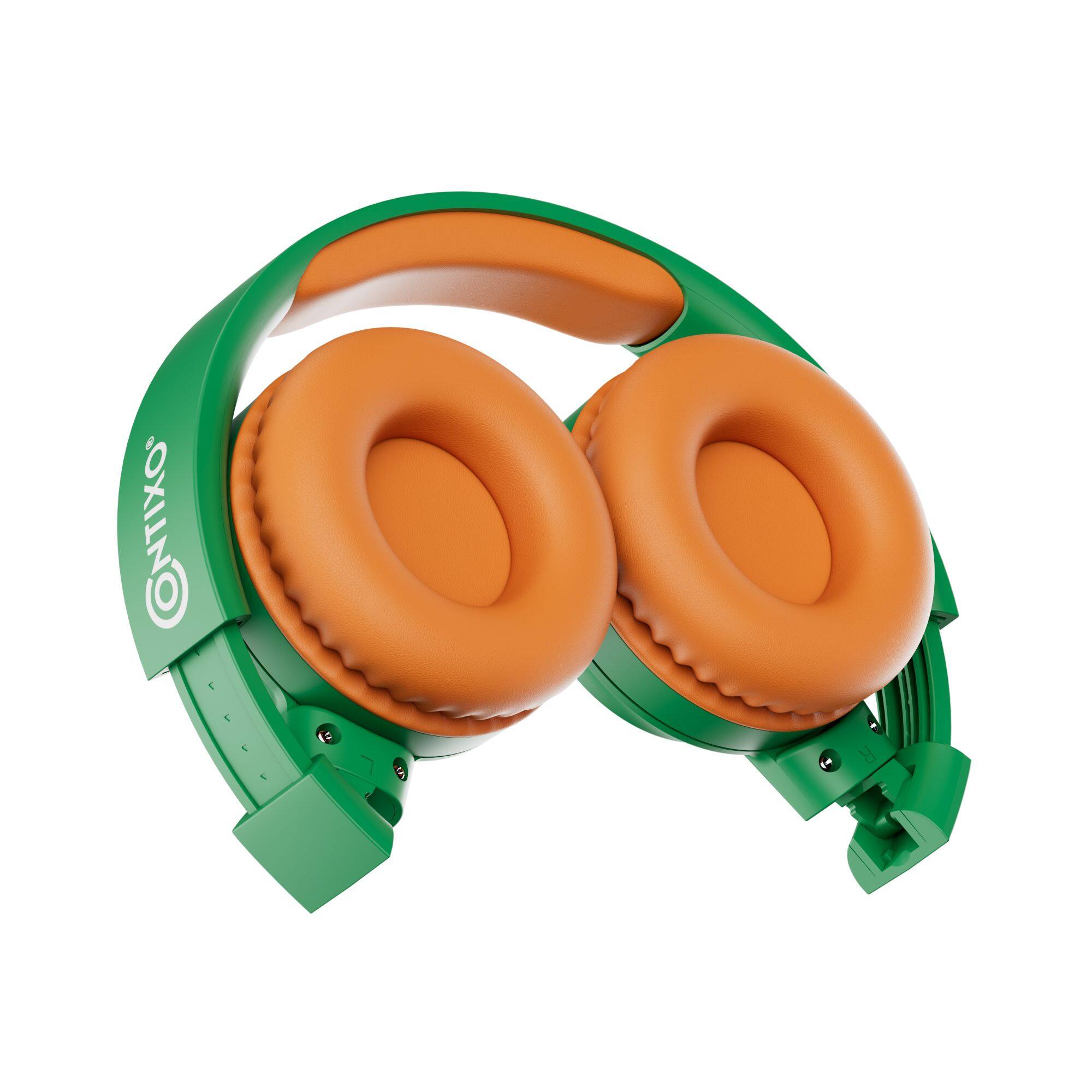 Left. Contixo - Contixo Kids Bluetooth Wireless Headphones, Fun Designs, Safe Volume Limiter, LED Lights, Foldable, Mic - Green.