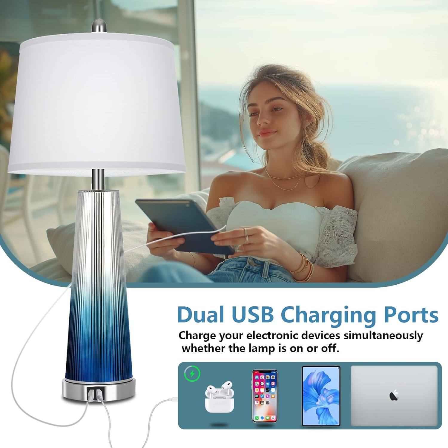 Dual USB Charging Ports  
Charge your electronic devices simultaneously whether the lamp is on or off.