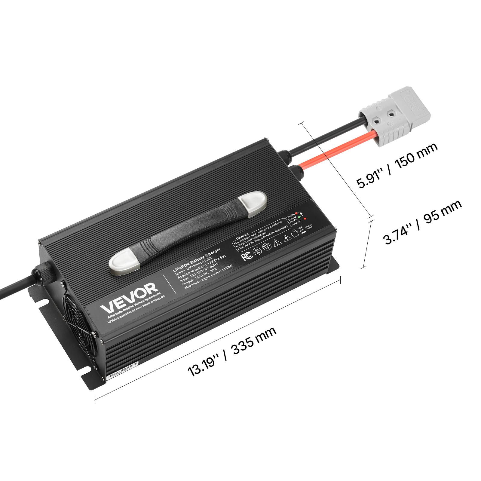 are que Caution M CALINA Charger (12.5V) FC Battery 12V SOME LiFeP04 Model: Applicable 100- battery. 120VAC 6VDC SSA power: 1168W input 14. output Maximum VEVOR Affontable. Rollable. Center Name www.vevor.com/support 335 mm 13.19", 150 mm / 5.91" 95 mm / 3.74"