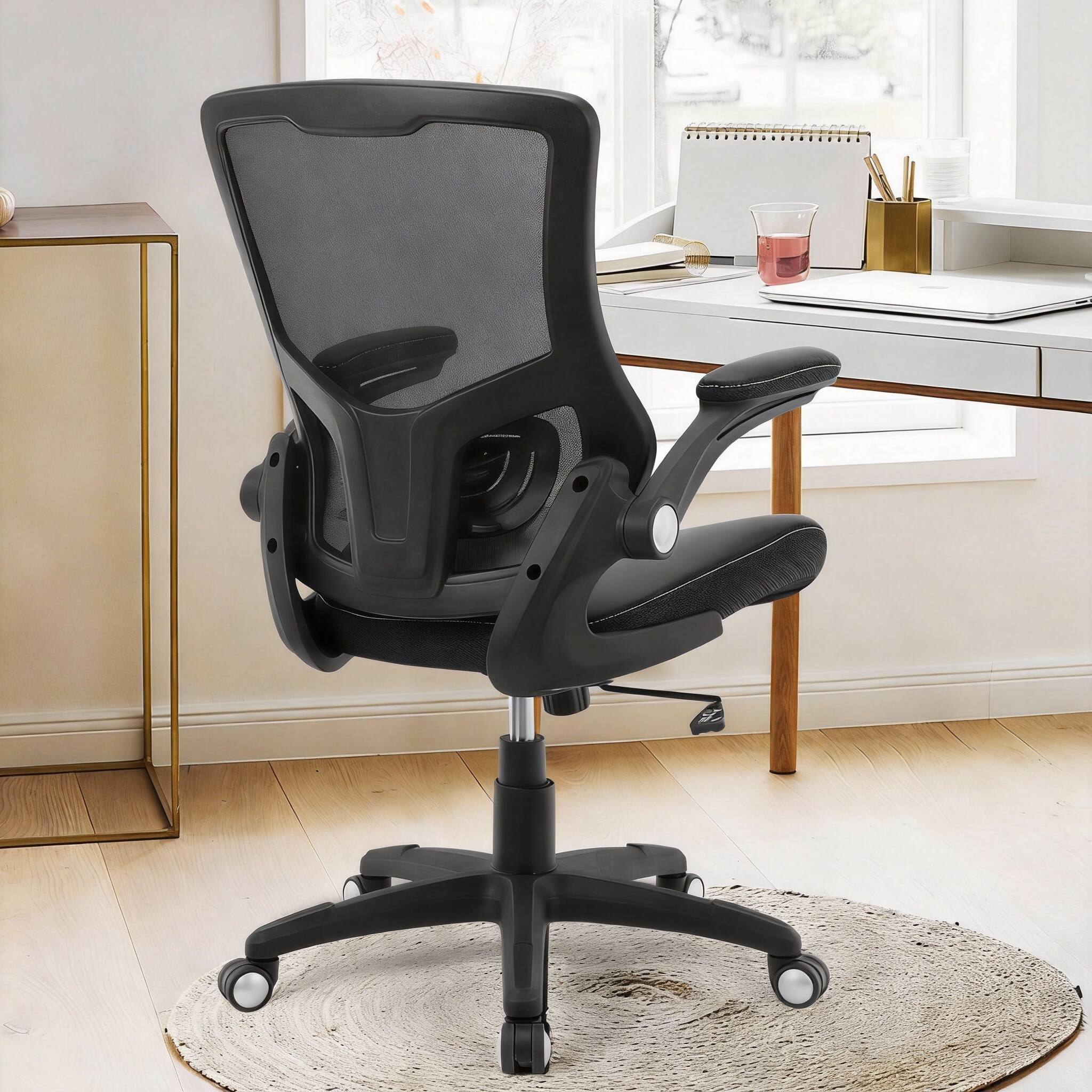 Alt View 1. Frangdom - Ergonomic PU Leather Office Chair Mesh Back Lumbar Support Flip Arms - BLACK 300 lbs.