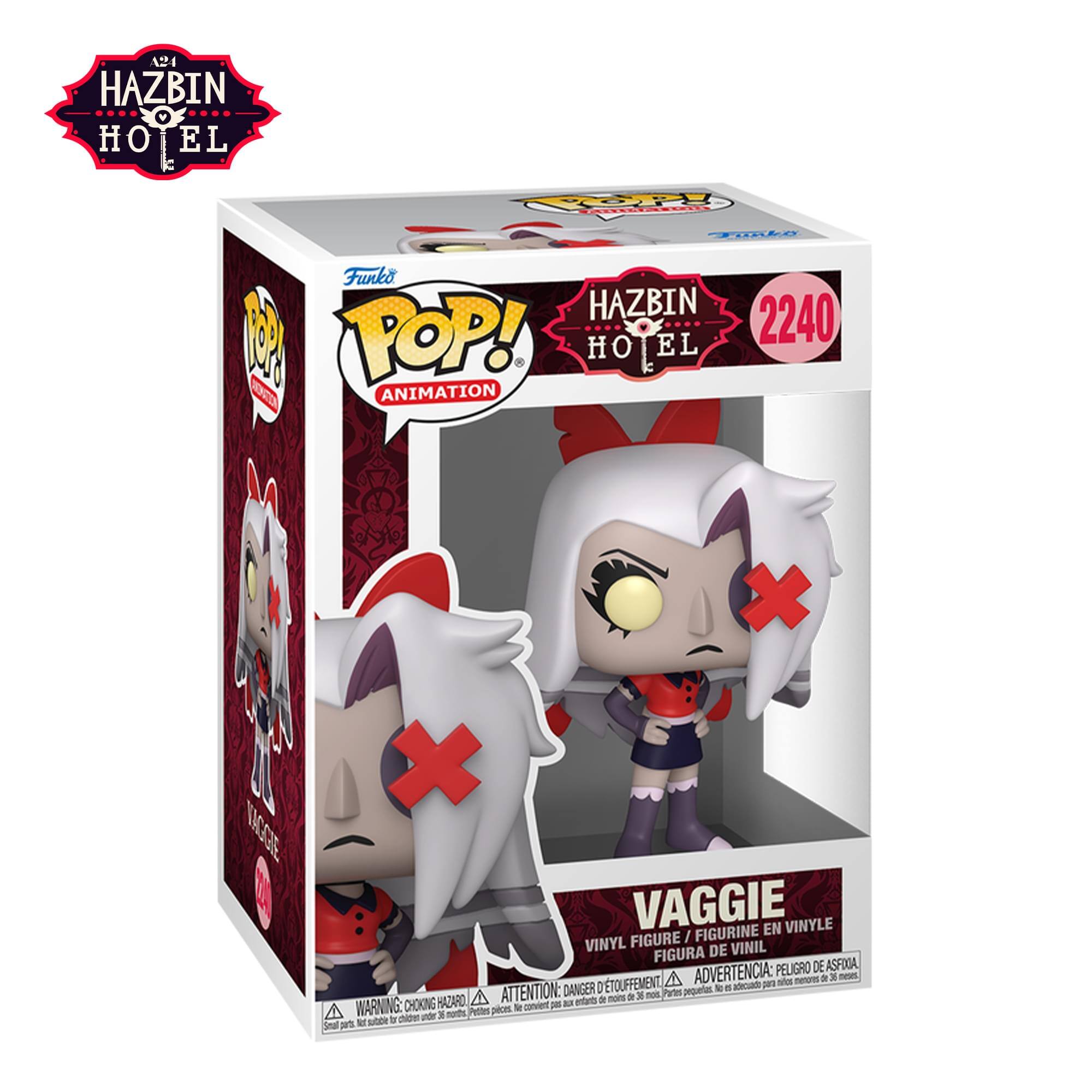 A24 HAZBIN HOTEL  
Funko POP! ANIMATION  
2240  
VAGGIE  
VINYL FIGURE / FIGURINE EN VINYLE / FIGURA DE VINIL  
WARNING: CHOKING HAZARD - Small parts. Not for children under 3 years.  
ADVERTENCIA: PEQUEÑOS PIEZAS. NO ES ADECUADO PARA MENORES DE 3 AÑOS.  
ATTENTION: PEU DE RISQUE DE SOUFFLEMENT. NE PEUT ÊTRE JEU PAR LES ENFANTS DE MOINS DE 3 ANS.