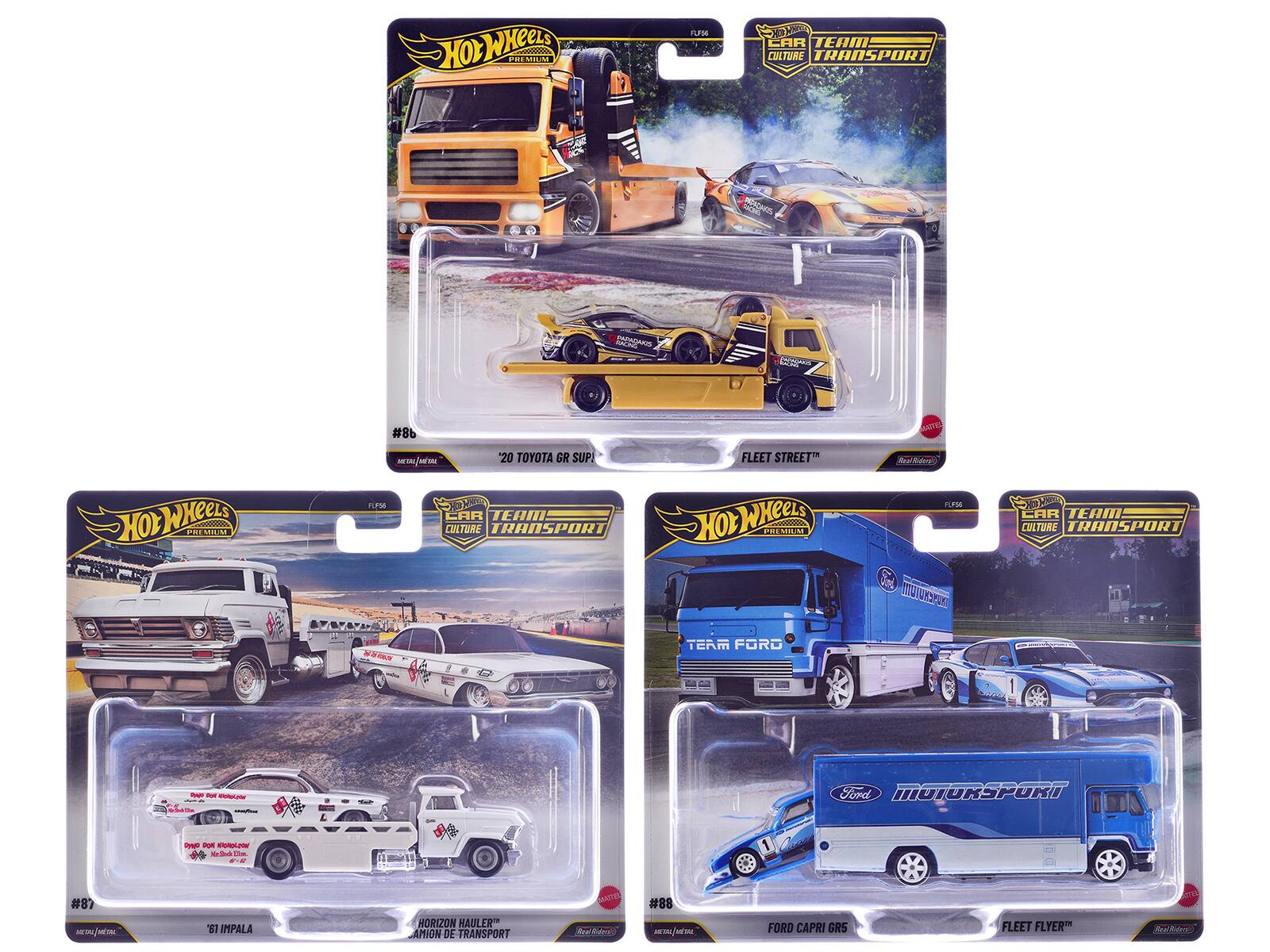 HOT WHEELS PREMIUM  
CAR TEAM CULTURE TRANSPORT  

#86  
20 TOYOTA GR SUP!  
FLEET STREET  

#87  
'61 IMPALA  
HORIZON HAULER  
DE TRANSPORT  

#88  
FORD CAPRI GR5  
FLEET FLYER