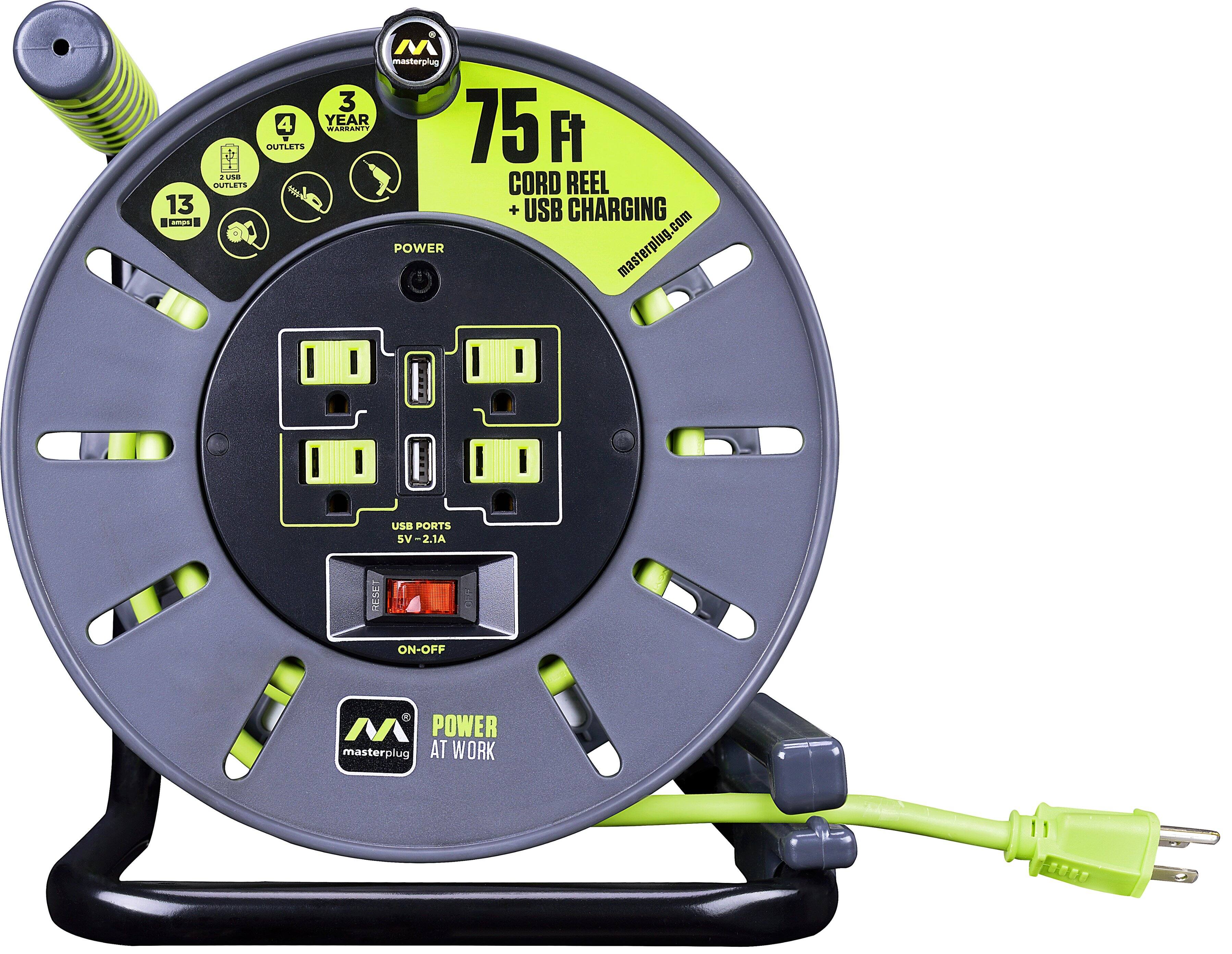 Alt View 1. Masterplug - 75Ft 4 Sockets 13A 14AWG Large Open Reel with USB Charging - Green & Grey.