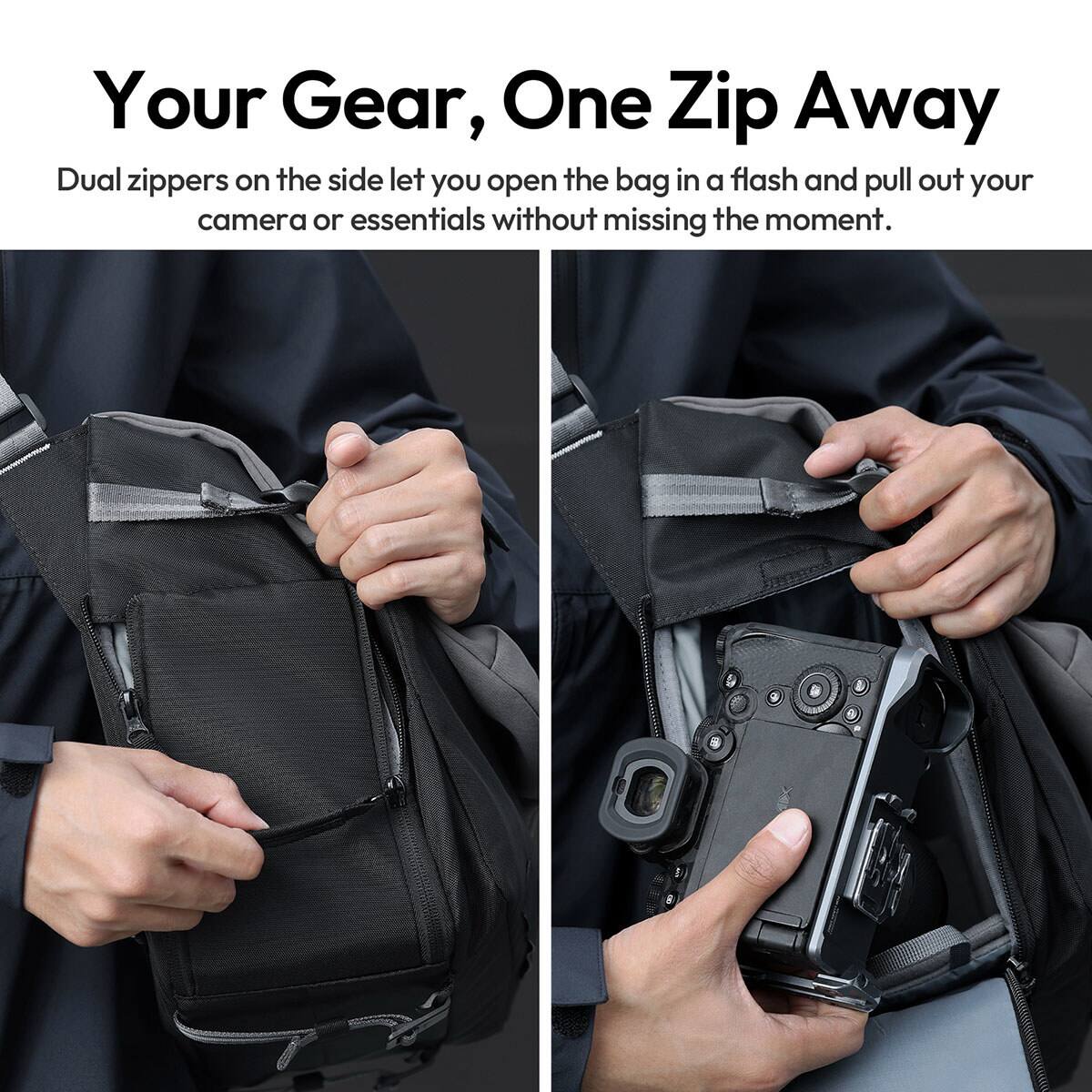 Your Gear, One Zip Away

Dual zippers on the side let you open the bag in a flash and pull out your camera or essentials without missing the moment.