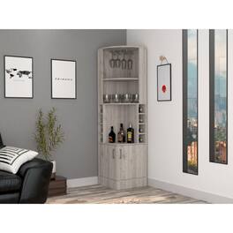TuHome - Syrah Corner Bar Cabinet, Eight Bottle Cubbies, Double Door, Two Open Shelves, Bar Room or Living Room - Light Gray