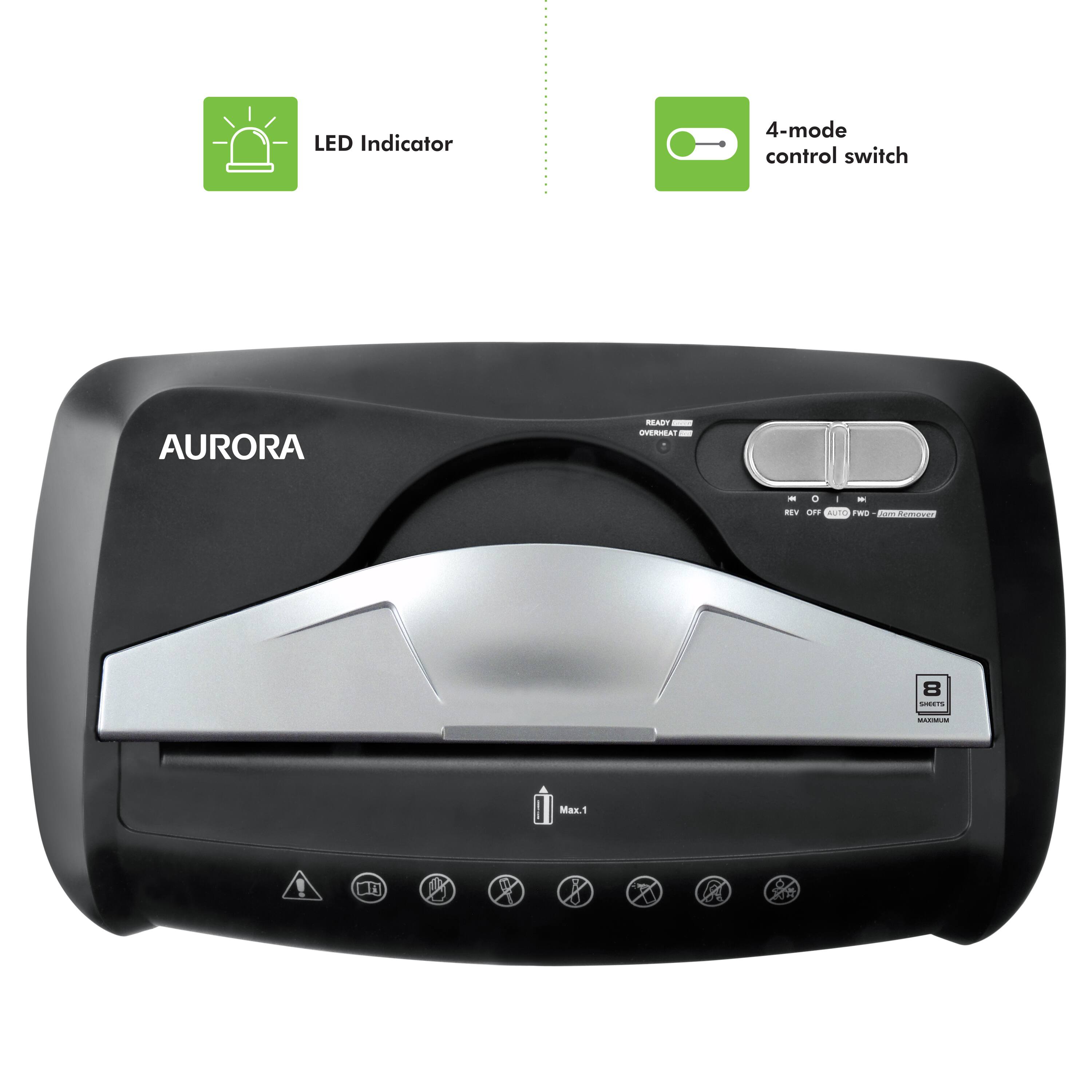 LED Indicator  
4-mode control switch  
AURORA  
READY  
OVERHEAT  
REV OFF AUTO  
1 2 3  
Max.1  
8 SHEETS MAXIMUM