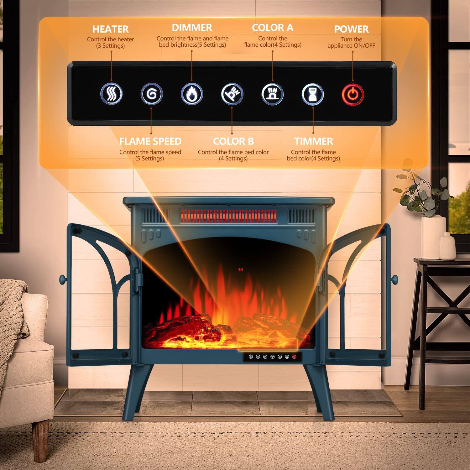- HEATER: Control the heater (3 Settings)
- DIMMER: Control the flame and flame bed brightness (5 Settings)
- COLOR A: Control the flame color (4 Settings)
- POWER: Turn the appliance ON/OFF
- FLAME SPEED: Control the flame speed (5 Settings)
- COLOR B: Control the flame bed color (4 Settings)
- TIMER: Control the flame bed color (4 Settings)