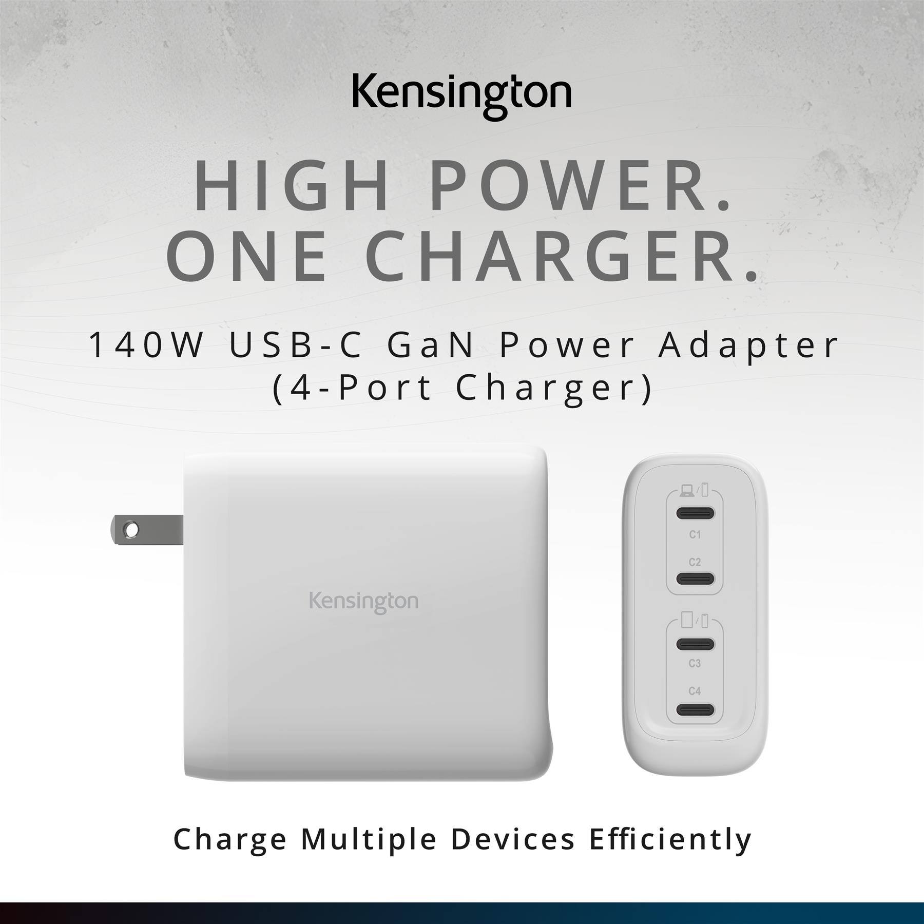 Kensington HIGH POWER. ONE CHARGER. 140W USB-C GaN Power Adapter (4-Port Charger) Charge Multiple Devices Efficiently