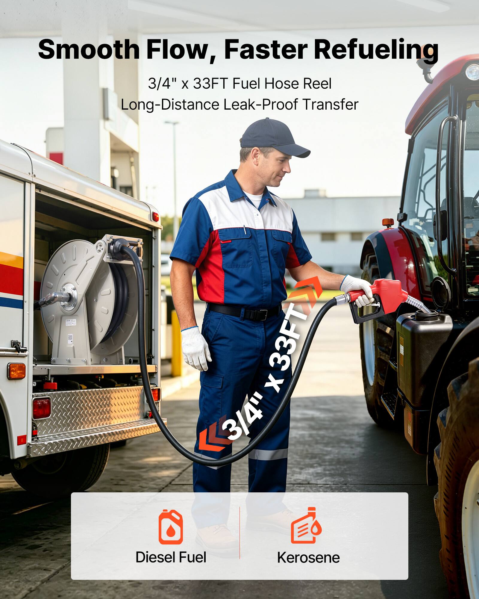 Smooth Flow, Faster Refueling  
3/4" x 33FT Fuel Hose Reel  
Long-Distance Leak-Proof Transfer  

1 - 33FT x 3/4" Diesel Fuel Kerosene
