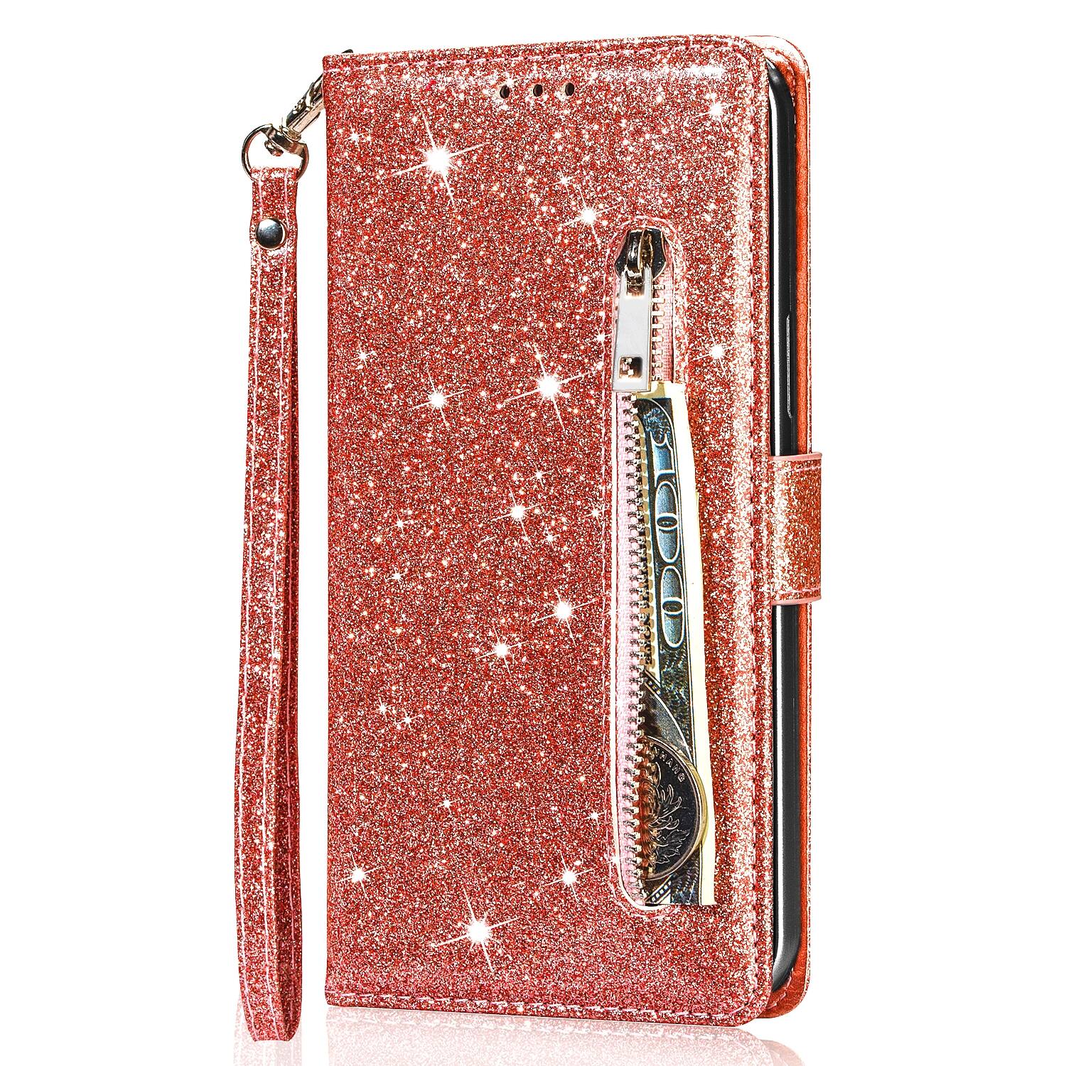 Left. Dteck - Dteck Zipper Wallet Card Bling Glitter Sparkly Case for Apple iPhone 17 Pro, Shockproof PU Leather Holder Strap Cover - Rosegold.