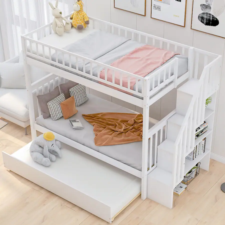 786 Back Panel Loheer Twin Over Twin Bunk Bed with Trundle and Storage White - Best Buy
