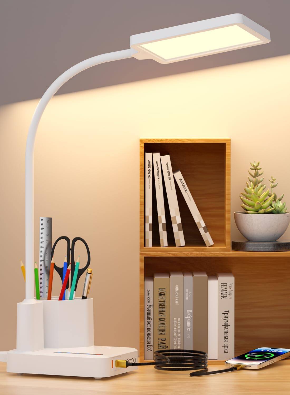 2 USB A+C/Outlets/2 Pen Holders/ Gooseneck /White