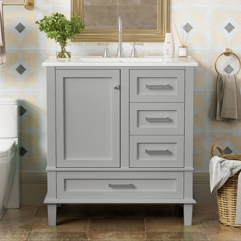 Left. JUJABU - Gray 30" Bathroom Vanity Cabinet with Ceramic Sink Combo Set - Gray.