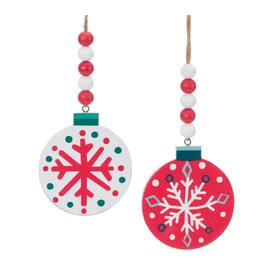 BreeBe - Wood Beaded Snowflake Ornament (Set of 12) - Red, White, Green