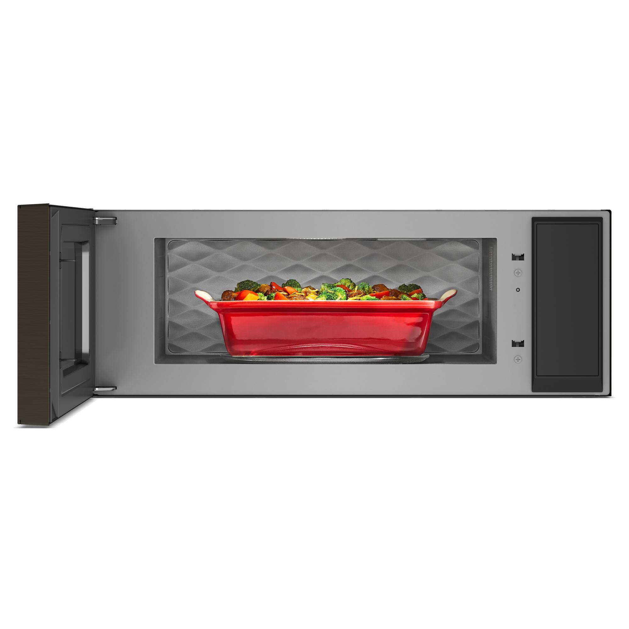 Left. KitchenAid - 1.1 Cu. Ft. Microwave Hood with 1800-Watts Cooking Power - Black Stainless Finish.