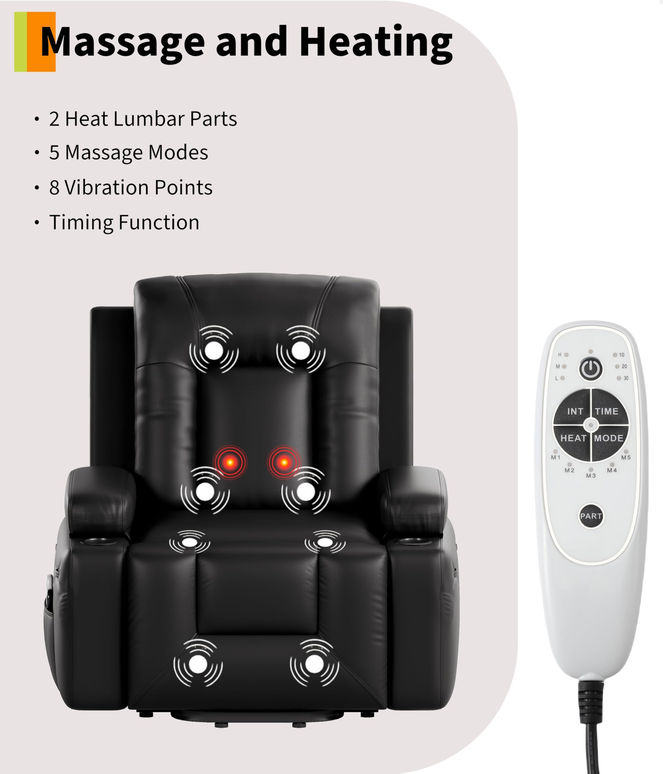 Massage and Heating

- 2 Heat Lumbar Parts
- 5 Massage Modes
- 8 Vibration Points
- Timing Function

INT TIME
HEAT MODE
M1 M2 M3 M4
PART