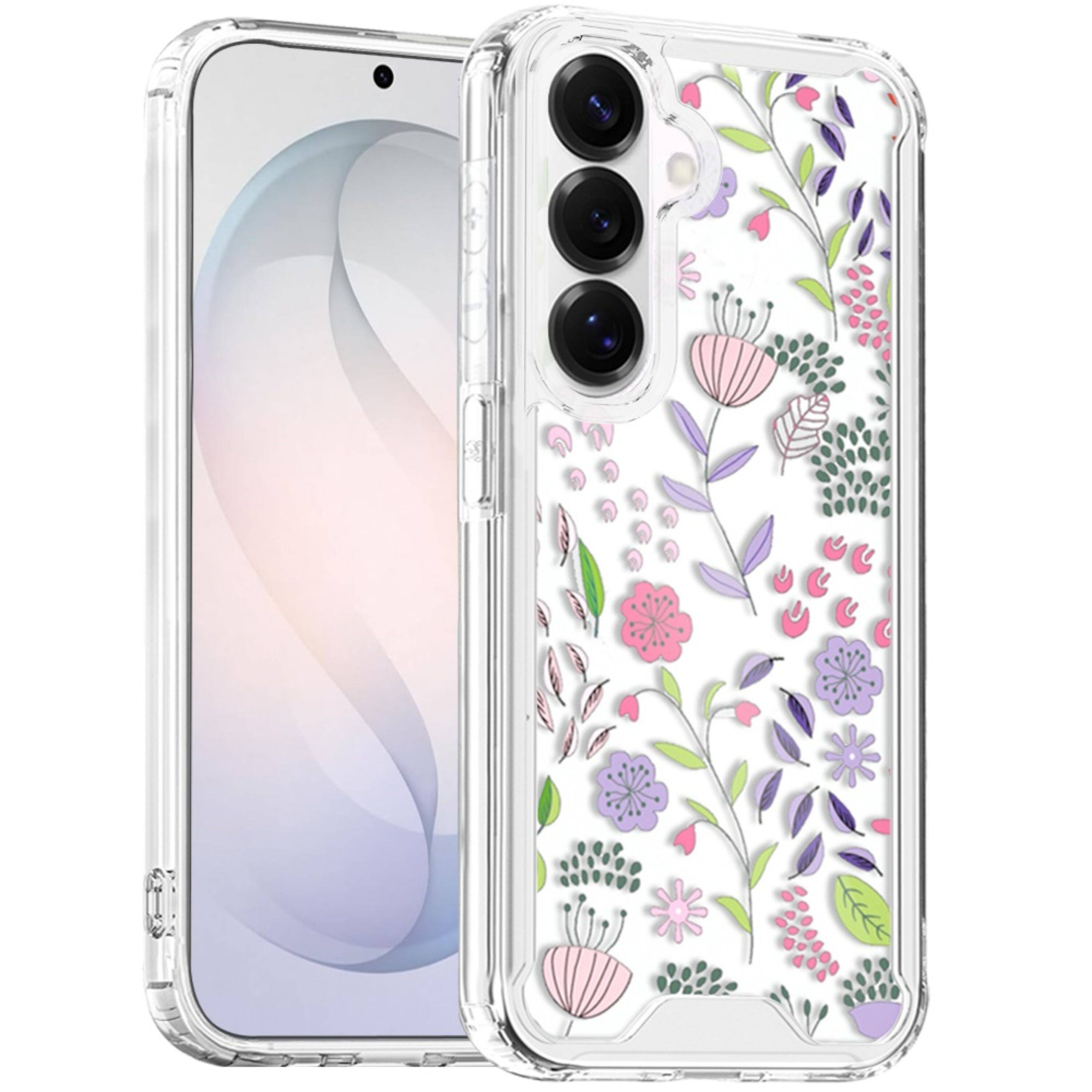 Angle. Kitcheniva - Cute Print Design On Clear TPU Cover Plus Tempered Glass For Samsung S26 FE Wildflowers - Multicolor.