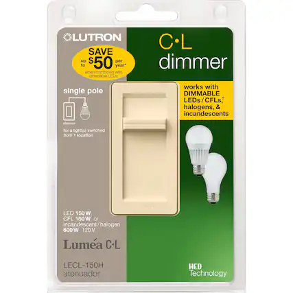 LUTRON SAVE up to $50 per year* when combined with dimmable LEDs
C-L dimmer
single pole
dimmer for a light(s) switched from 1 location
works with DIMMABLE LEDs/CFLs, halogens, & incandescents
LED 150W, CFL 150W or incandescent/halogen 600W 120V
Lumea C-L
LECL-150H atenuador
HED Technology
