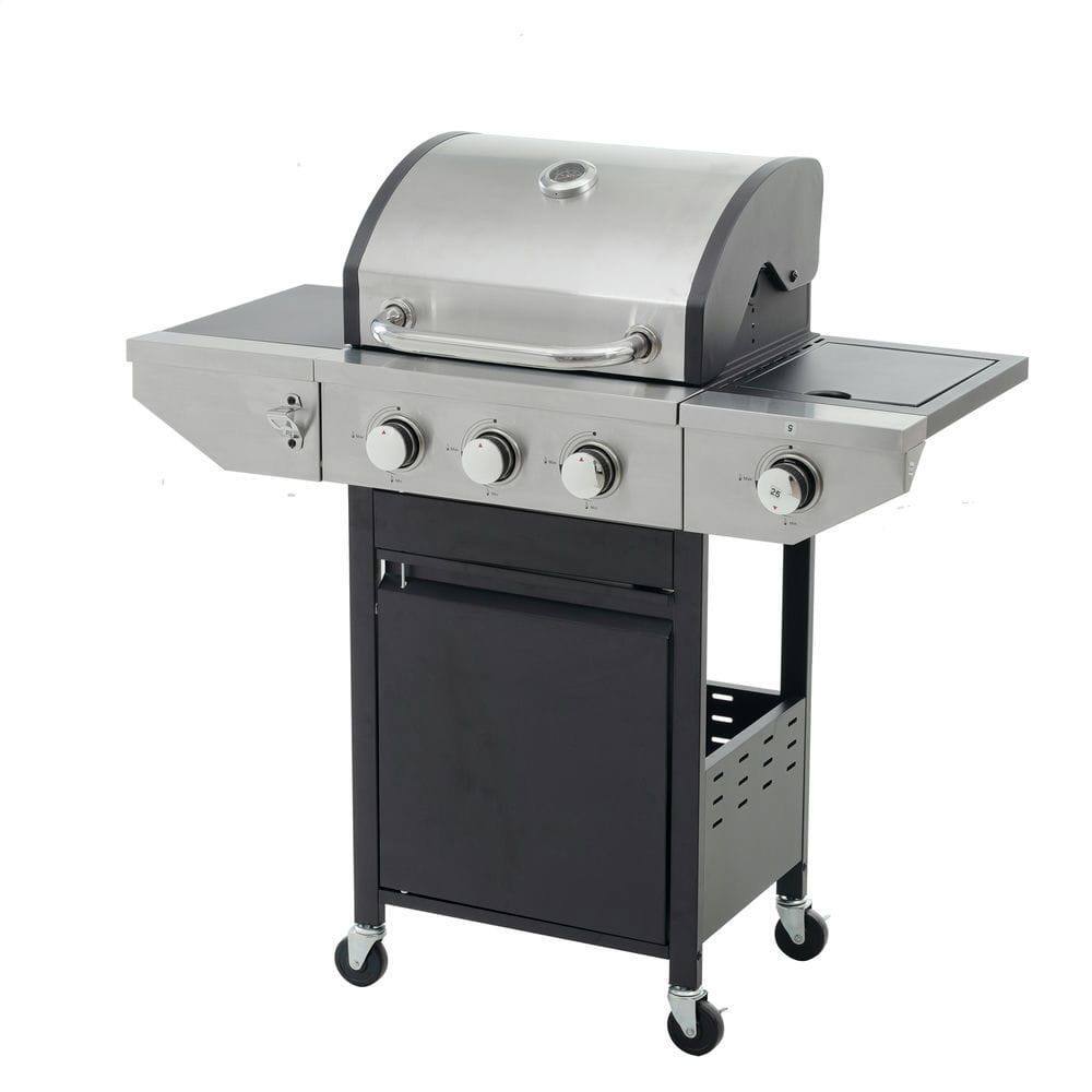 Front. Resenkos - Propane Grill 3 Burner Barbecue Grill Stainless Steel Gas Grill with Side Burner, 37,000 BTU Outdoor Cooking, Silver.