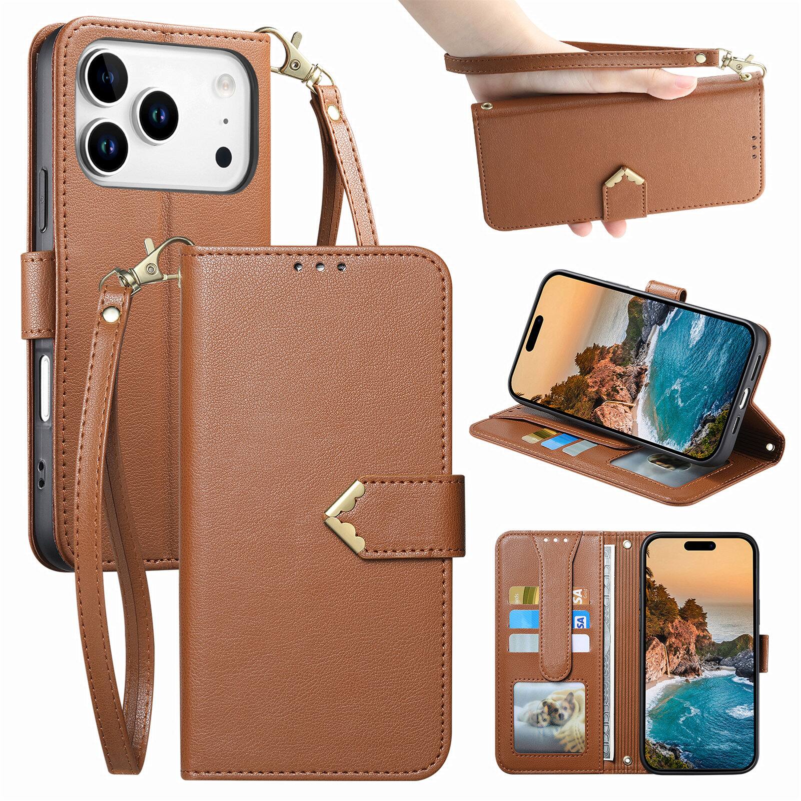 Front. Dteck - Leather Wallet Case for Apple iPhone 18 Pro with Crossbody Strap, Shockproof Card Holder Kickstand Protective Cover - Brown.