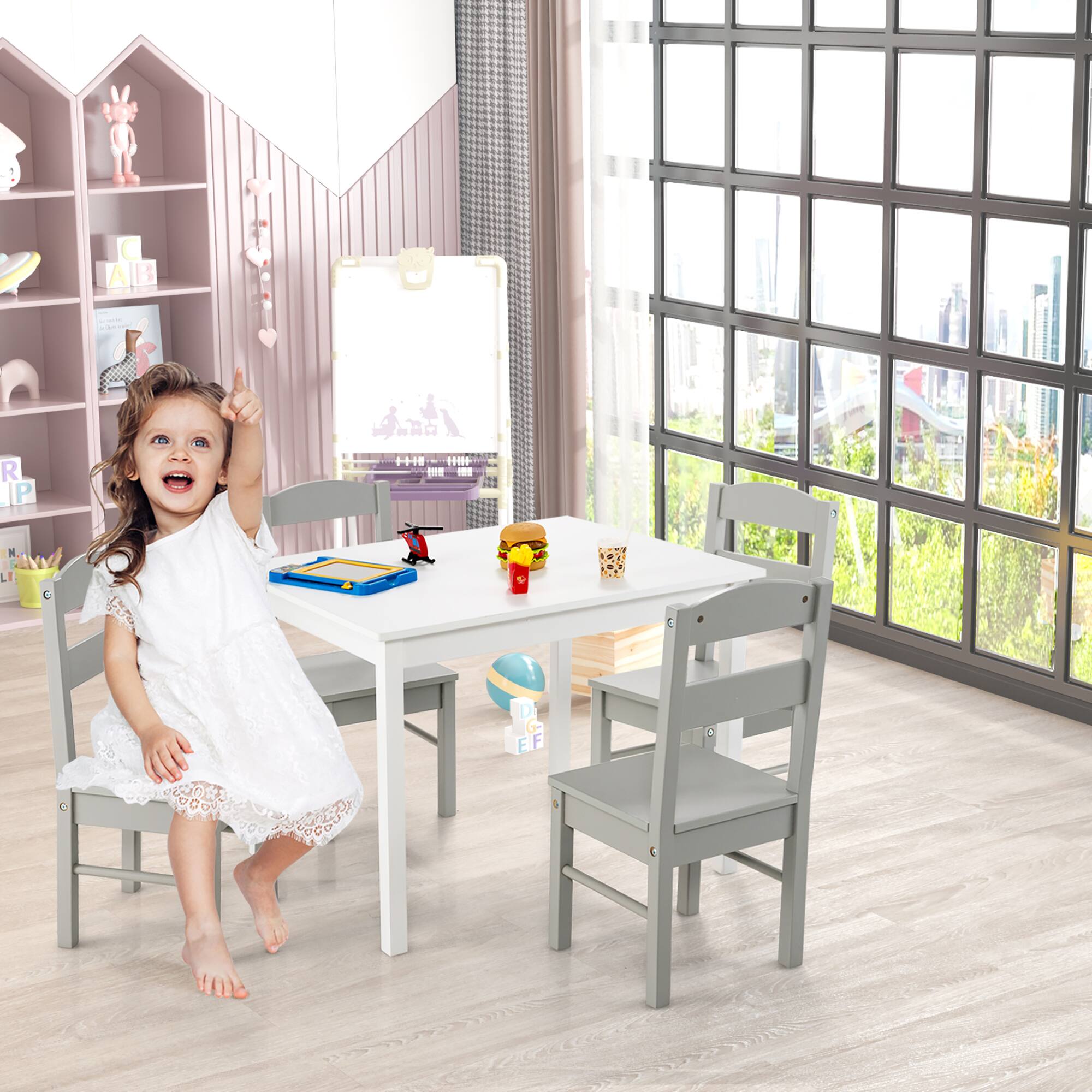 Alt View 2. Costway - Costway Kids 5 Piece Table & Chair Set Wooden Children Activity Playroom Furniture Gift - White,Gray.