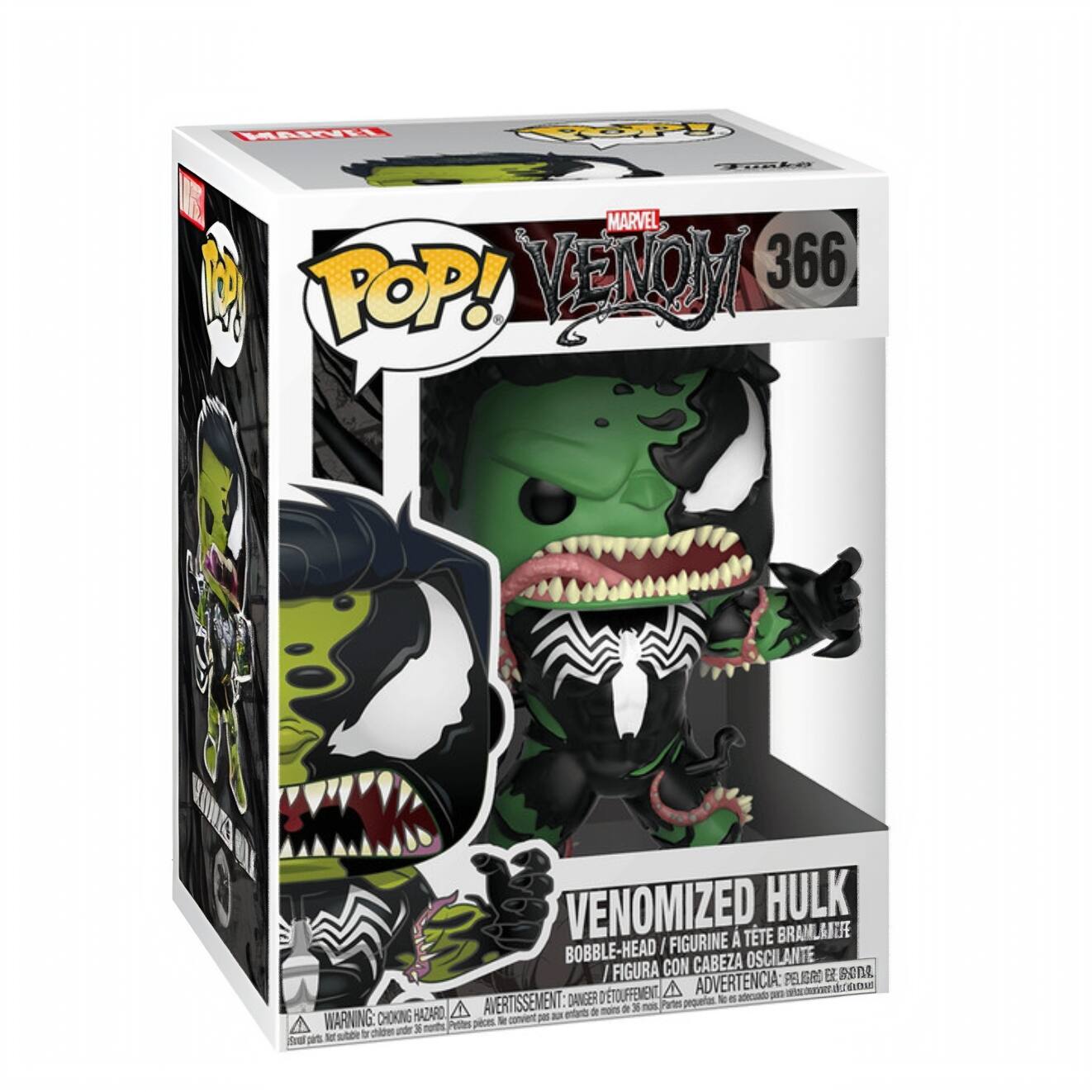 Sure, here is the corrected and grouped text from the image:

---

**MARVEL**  
**VENOM 366**  
**POP!**

**VENOMIZED HULK**  
**BOBBLE-HEAD / FIGURINE À TÊTE BRANLANTE / FIGURA CON CABEZA OSCILANTE**

**WARNING: CHOKING HAZARD**  
**AVERTISSEMENT: PELIGRO DE ASFIXIA**  
**ADVERTENCIA: PELO DE RIESGO DE ASFIXIA**  
**Small parts not suitable for children under 3 years.**  
**Pequeñas piezas no son adecuadas para niños menores de 3 años.**  
**Pequeñas piezas no son adecuadas para niños menores de 3 años.**

---

This text is organized to reflect the information on the packaging, including the brand, character, and safety warnings.