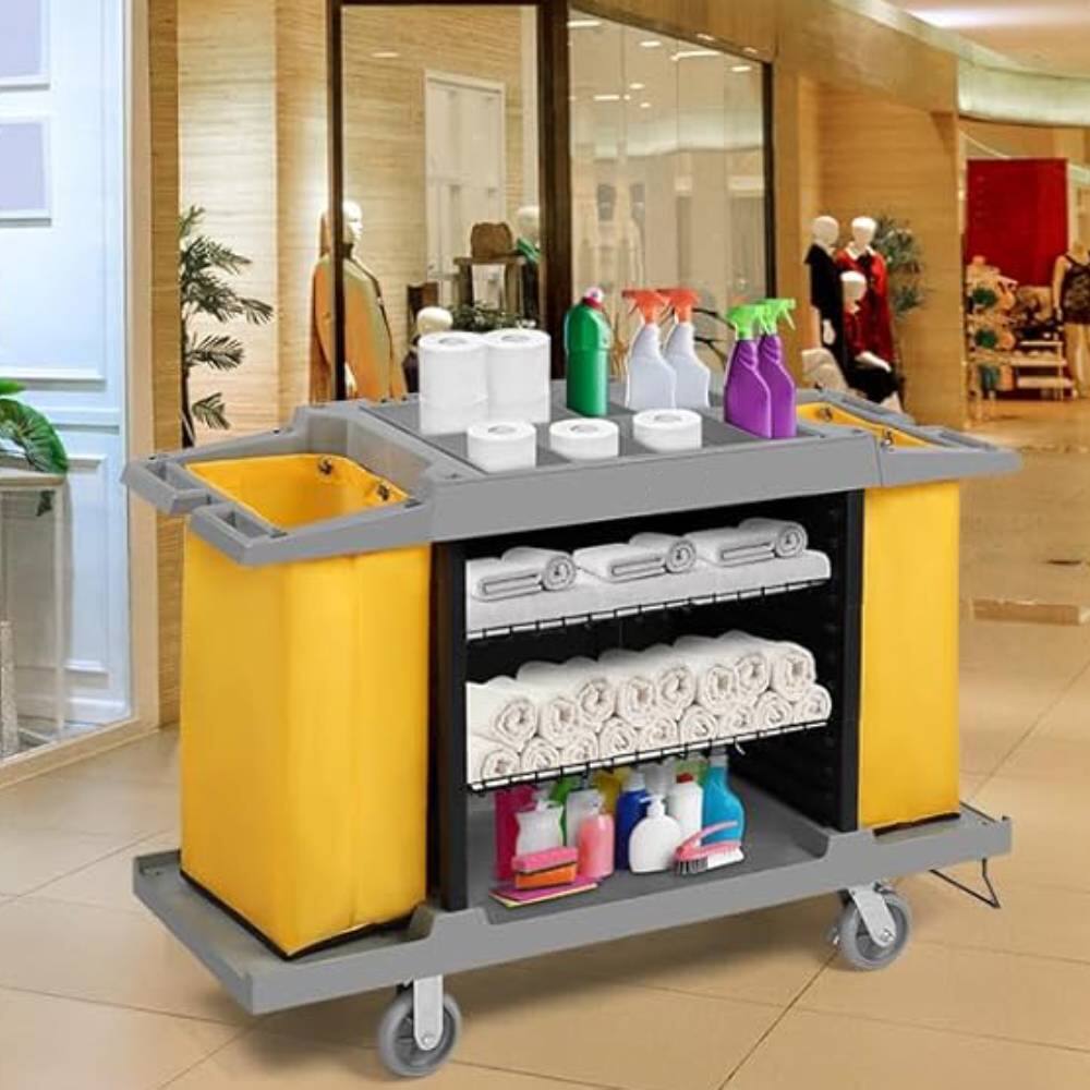 Left. Winado - Janitorial Cart Cleaning Cart Housekeeping Cart with Adjustable Shelves, Vacuum Bracket & Locking Casters for Hotel Home - Grey & Yellow.