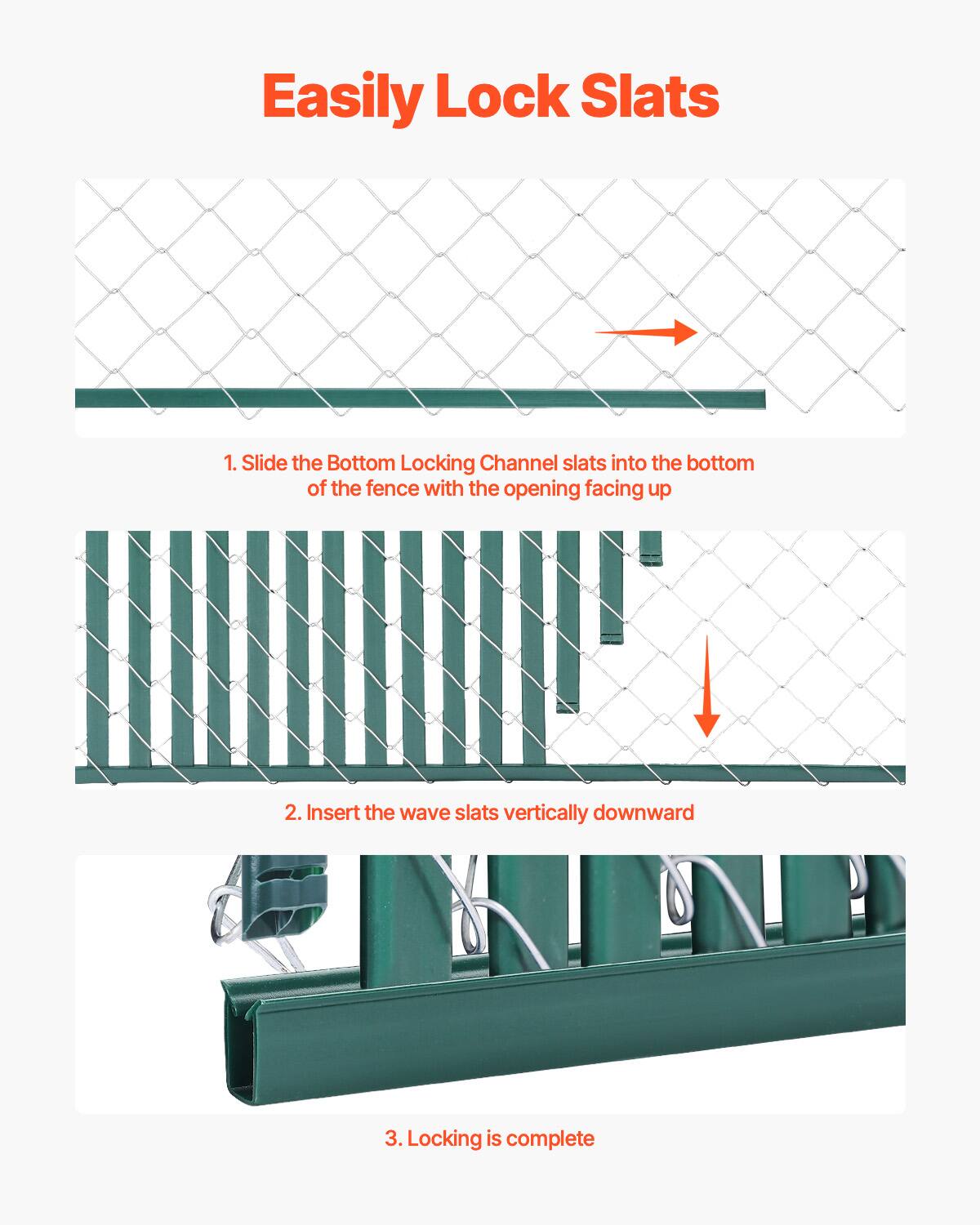 Easily Lock Slats

1. Slide the Bottom Locking Channel slats into the bottom of the fence with the opening facing up
2. Insert the wave slats vertically downward
3. Locking is complete