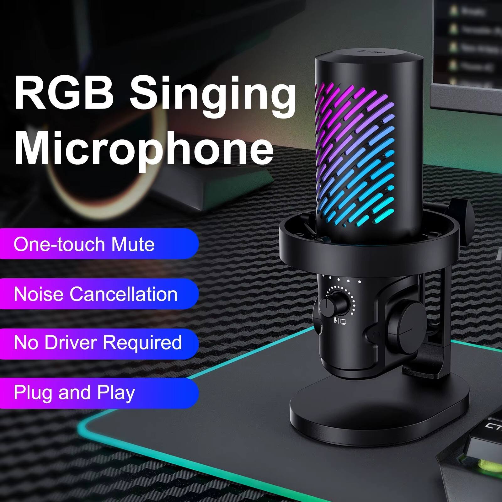 RGB Singing Microphone

- One-touch Mute
- Noise Cancellation
- No Driver Required
- Plug and Play