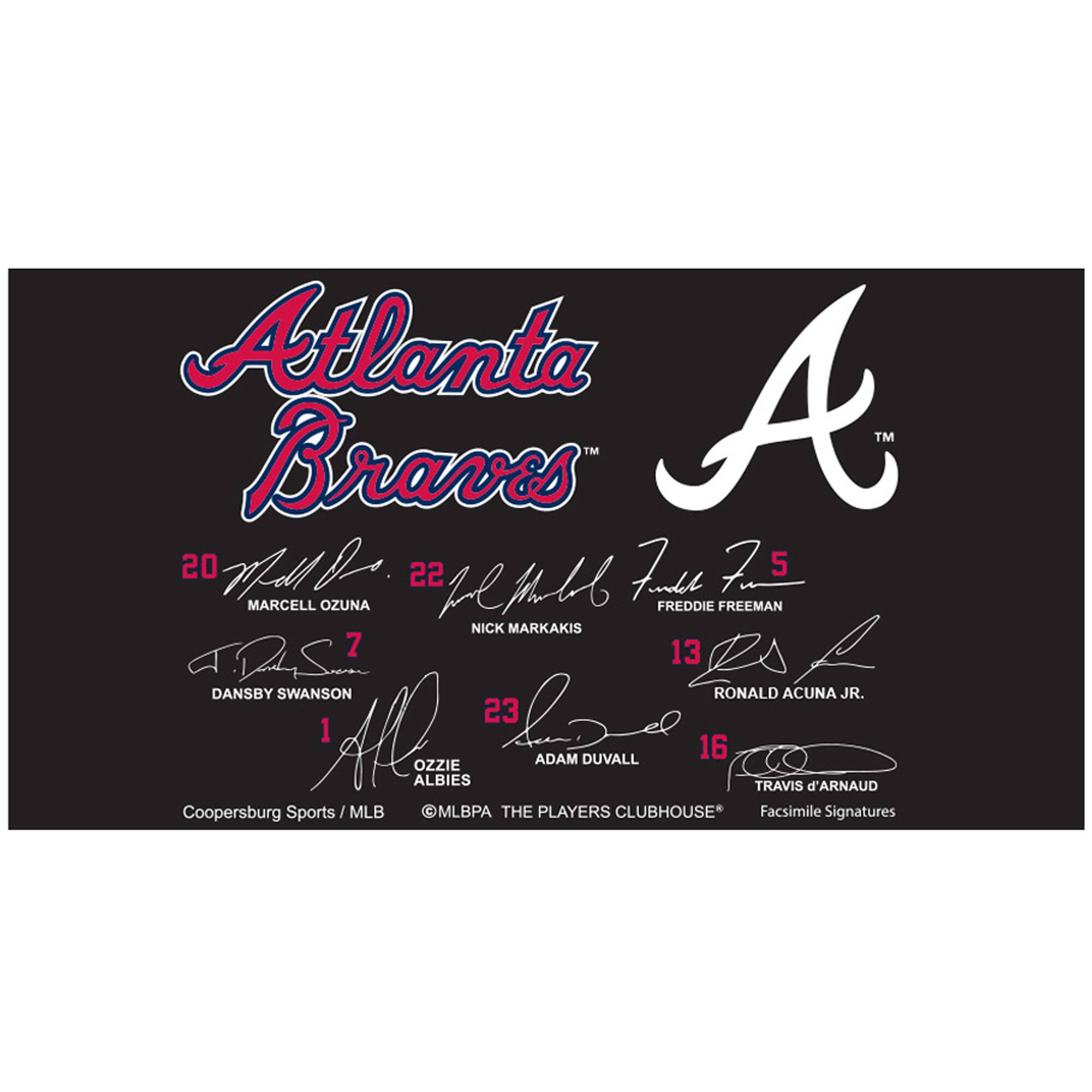 Atlanta Braves  
20 Marcell Ozuna  
22 Nick Markakis  
5 Freddie Freeman  
7 Dansby Swanson  
13 Ronald Acuña Jr.  
16 Travis d'Arnaud  
1 Ozzie Albies  
23 Adam Duvall  

Coopersburg Sports / MLB  
@MLBPA THE PLAYERS CLUBHOUSE  
Facsimile Signatures
