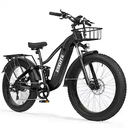 Eskute - 26" Fat Tire Mountain Ebike - 1500W Peak Motor, Up to 80-Mile Range, Full Suspension, with front Basket - Black