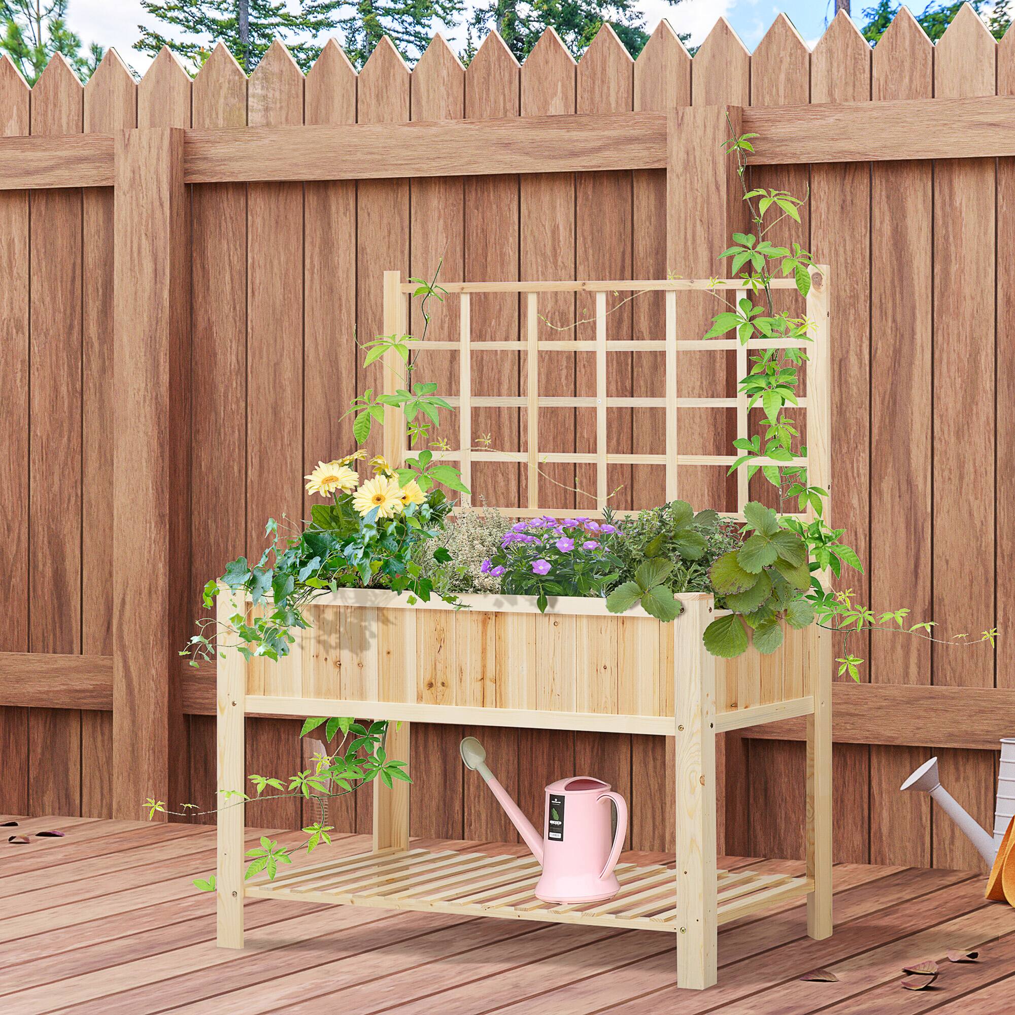 Alt View 1. Outsunny - 47'' Wooden Raised Garden Bed with Trellis, Coutryside Style Elevated Planter Box Stand with Open Storage Shelf - Natural.