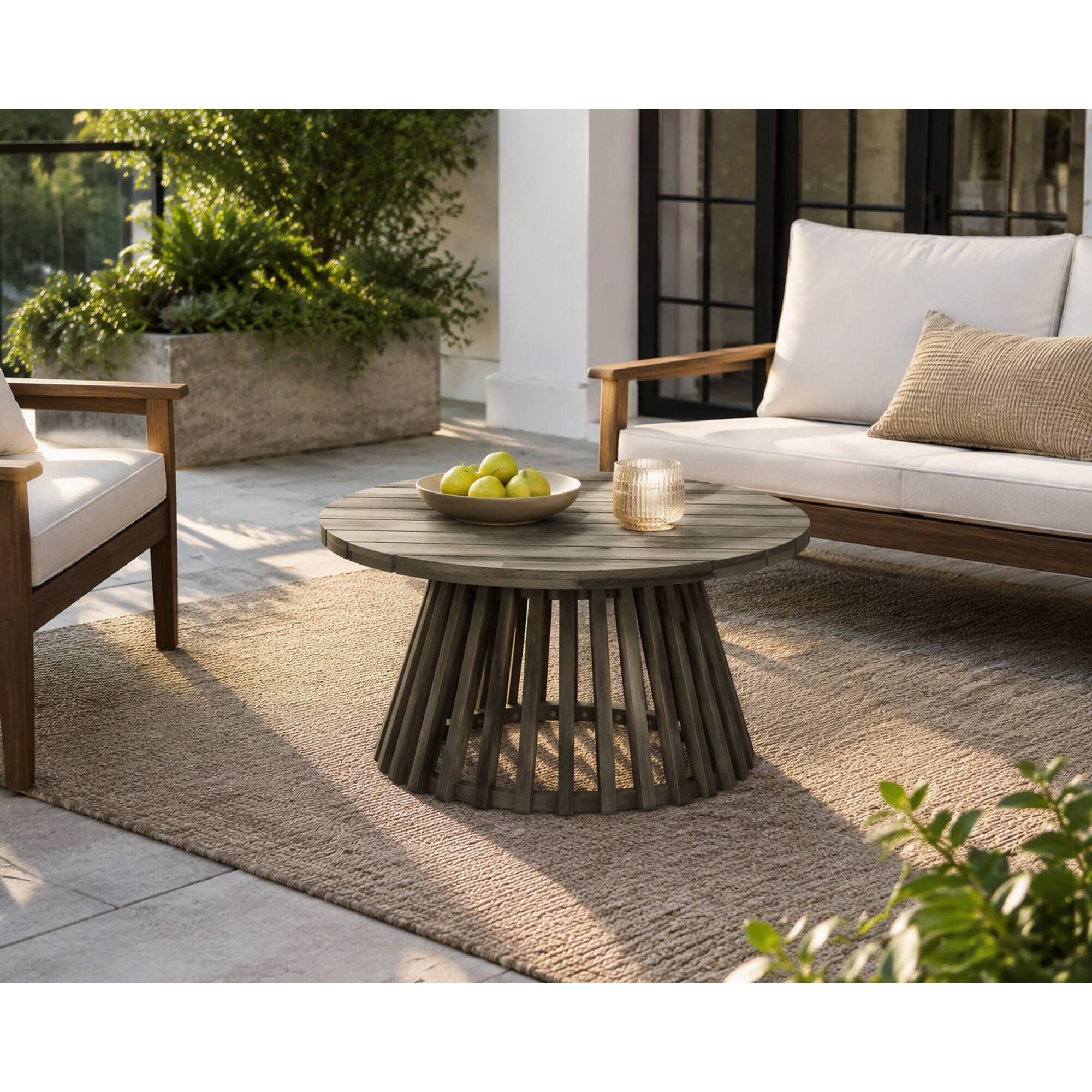 Left. RYHNUYNE - 31.5" Outdoor Grey Patio Coffee Table, Round Backyard Patio Table with Weather-Resistant Solid Wood Frame - Grey.