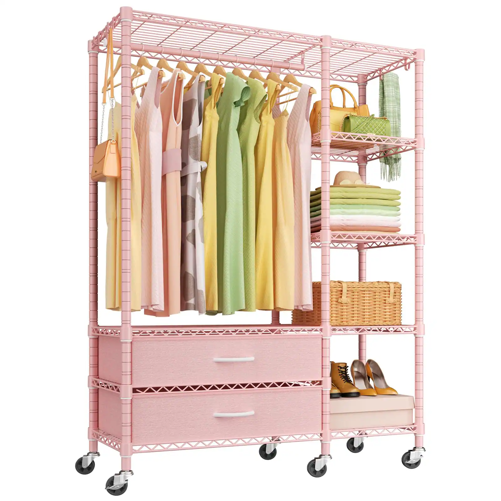 Hanke - F3r Heavy Duty Clothes Rack(with Lockable Wheels)freestanding Clothing Racks For Hanging Adjustable Closet - Pink Rolling