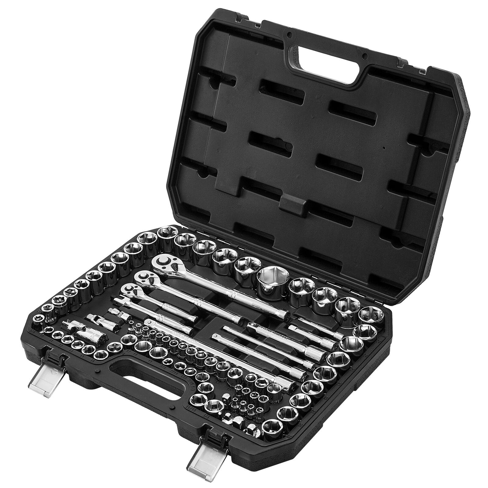 Alt View 5. VEVOR - Socket Set, 86 Pieces, 3/8 & 1/4 & 1/2 inch Drive Socket and Ratchet Set, SAE and Metric, Mechanic Tool Kit with Wrench - Black+Sliver.