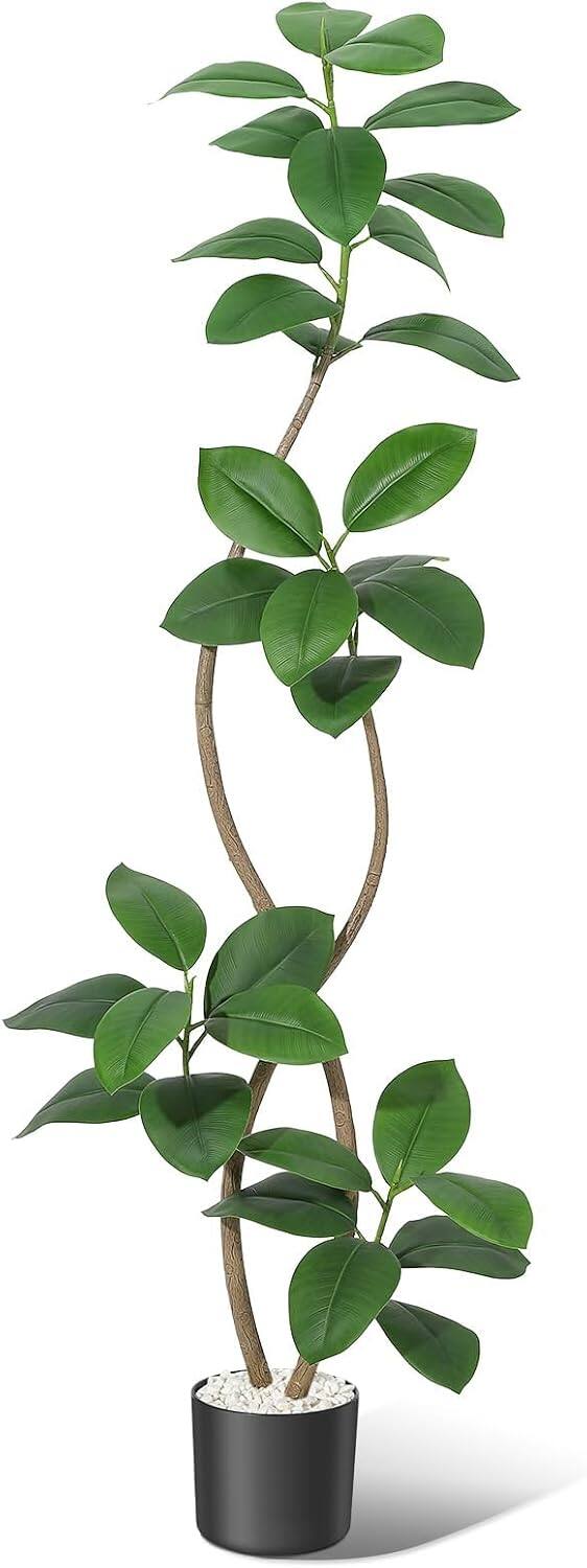 Front. Homhougo - 6 ft Fiddle Leaf Fig Tree, Fig Tree Faux Plants Indoor, Artificial Plants Indoor Potted with White Sphere Resin Planter - Black Planter White Pebbles.