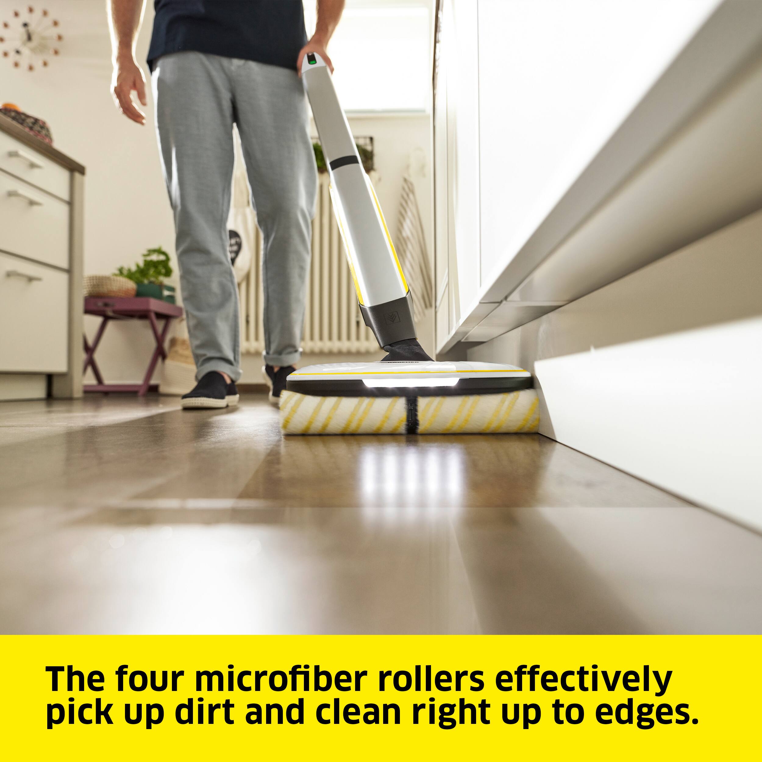 The four microfiber rollers effectively pick up dirt and clean right up to edges.