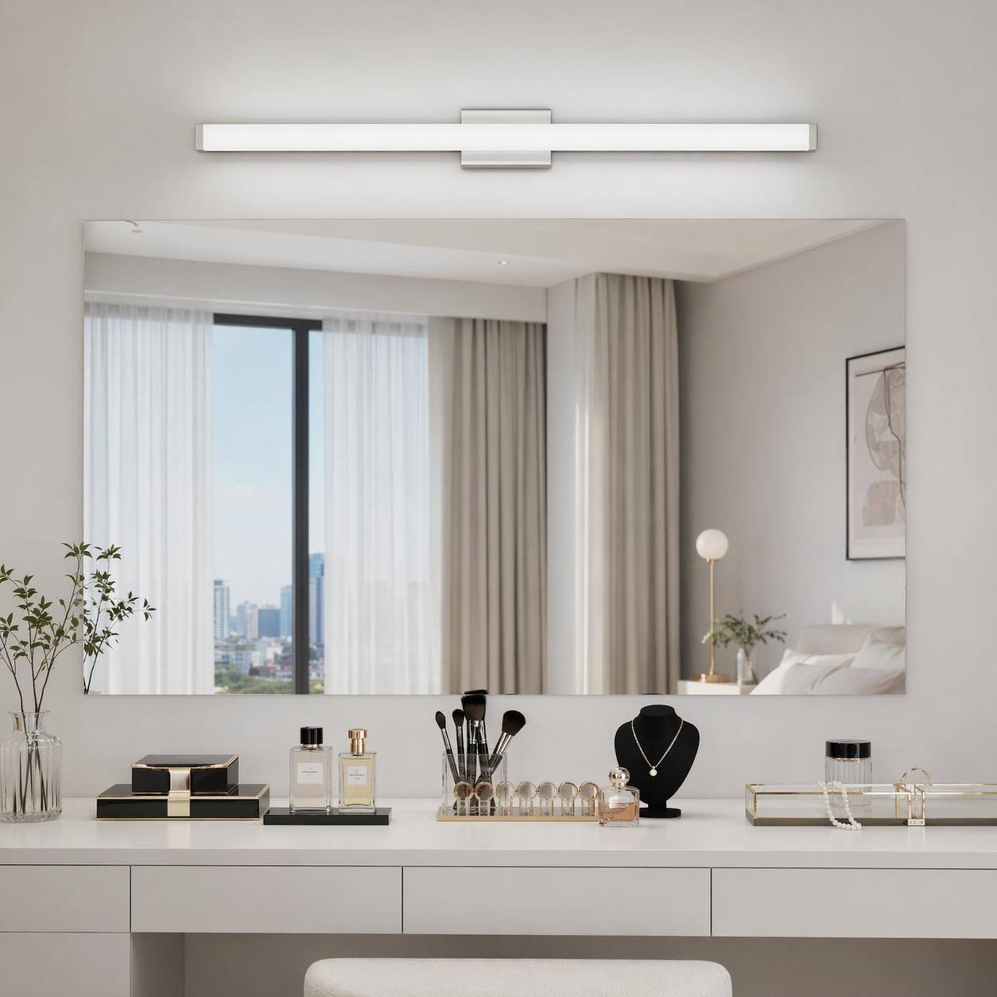 Left. RYHNUYNE - 41-Inch Brushed Nickel LED Bathroom Vanity Light, 24W Cool White 6000K, Modern Square Wall Fixture for Mirror.