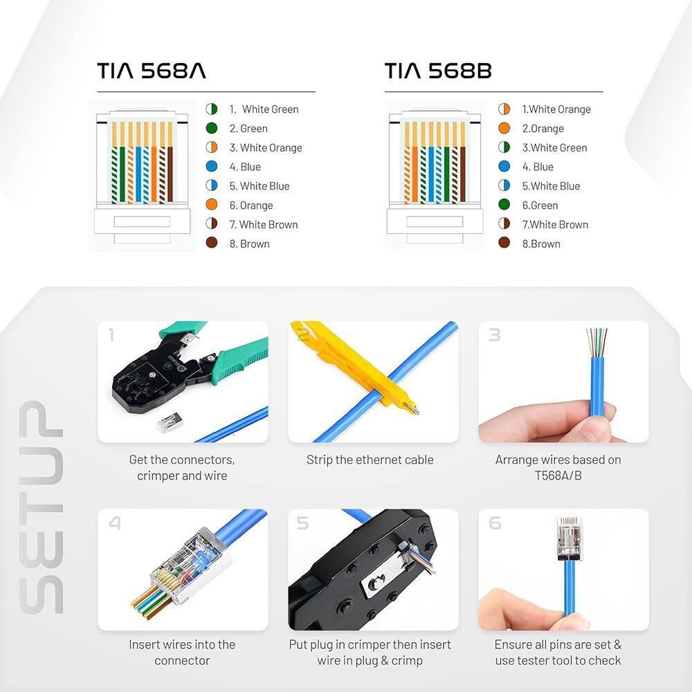 **TIA 568A**

1. White Green
2. Green
3. White Orange
4. Blue
5. White Blue
6. Orange
7. White Brown
8. Brown

**TIA 568B**

1. White Orange
2. Orange
3. White Green
4. Blue
5. White Blue
6. Green
7. White Brown
8. Brown

---

**SETUP**

1. Get the connectors, crimper and wire
2. Strip the ethernet cable
3. Arrange wires based on T568A/B
4. Insert wires into the connector
5. Put plug in crimper then insert wire in plug & crimp
6. Ensure all pins are set & use tester tool to check