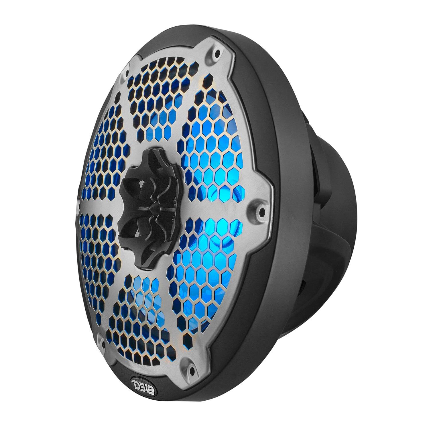 Left. DS18 Audio - NXL 8" 2-way Coaxial Speaker with RGB LED Lights, Built-in Driver and Grille (Pair), 125W RMS 4-Ohm - Black.