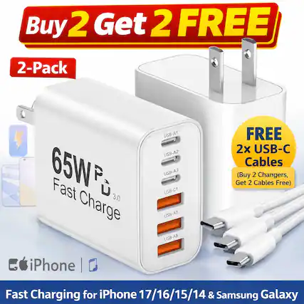 Buy 2 Get 2 FREE
2-Pack
65W Fast Charge
USB-A1 USB-A2 USB-A3 USB-C1 USB-A3 USB-A3
FREE 2x USB-C Cables (Buy 2 Chargers, Get 2 Cables Free)
Fast Charging for iPhone 17/16/15/14 & Samsung Galaxy