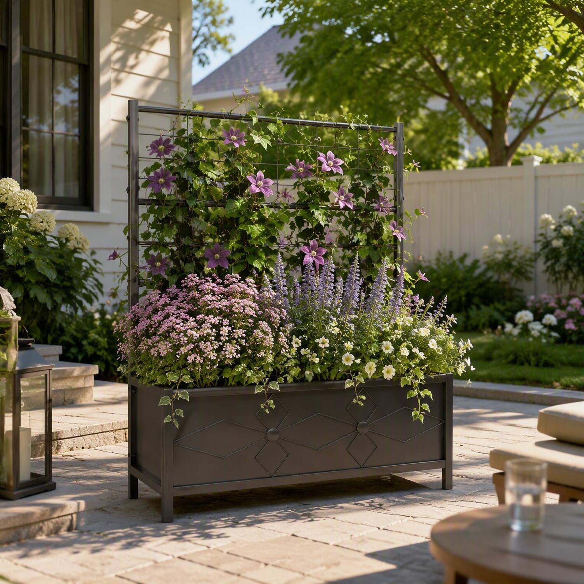 Left. RYHNUYNE - Galvanized Raised Garden Bed with Trellis for Climbing Vines, Black Steel Planter Box for Outdoor Vegetable - Black.